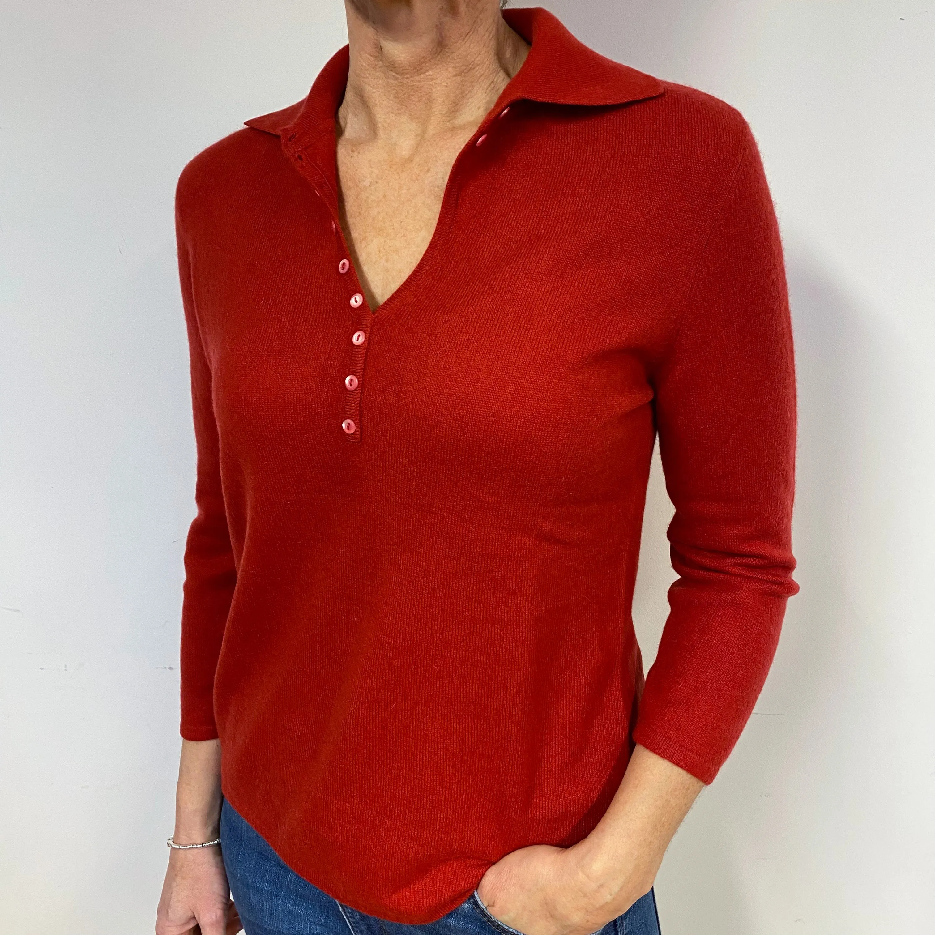 Berry Red Collared Cashmere V-Neck Jumper Medium