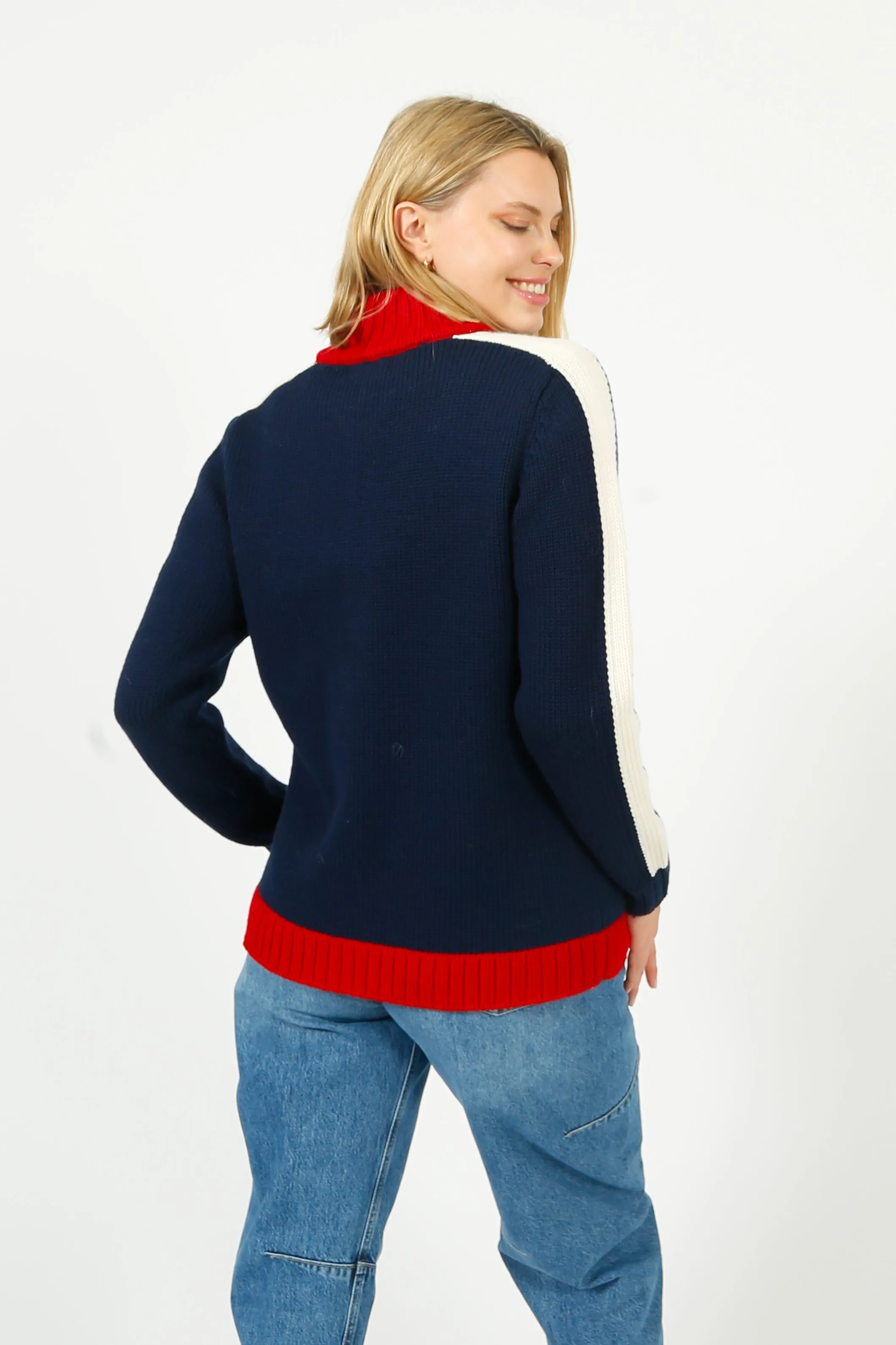 BF College Zip Up Bomber Jacket in Navy, Red
