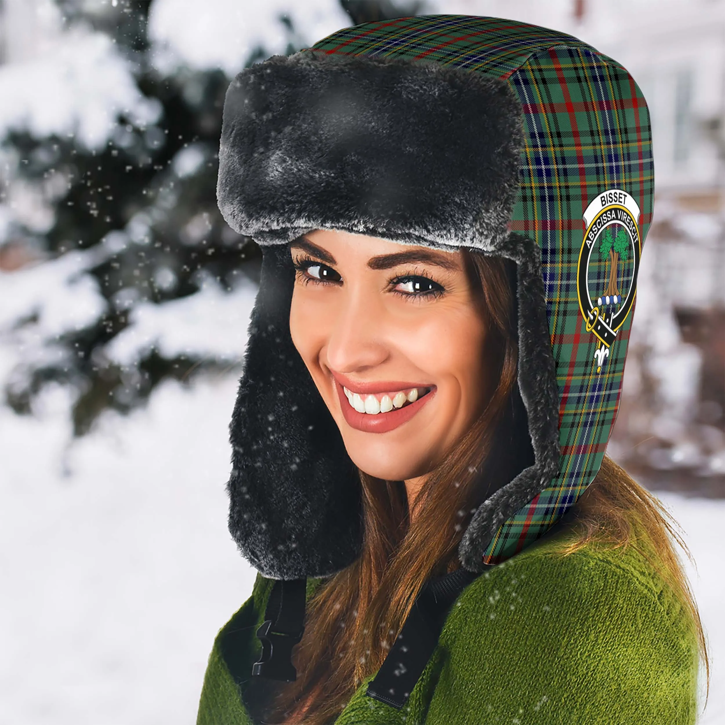 Bisset Tartan Winter Trapper Hat with Family Crest