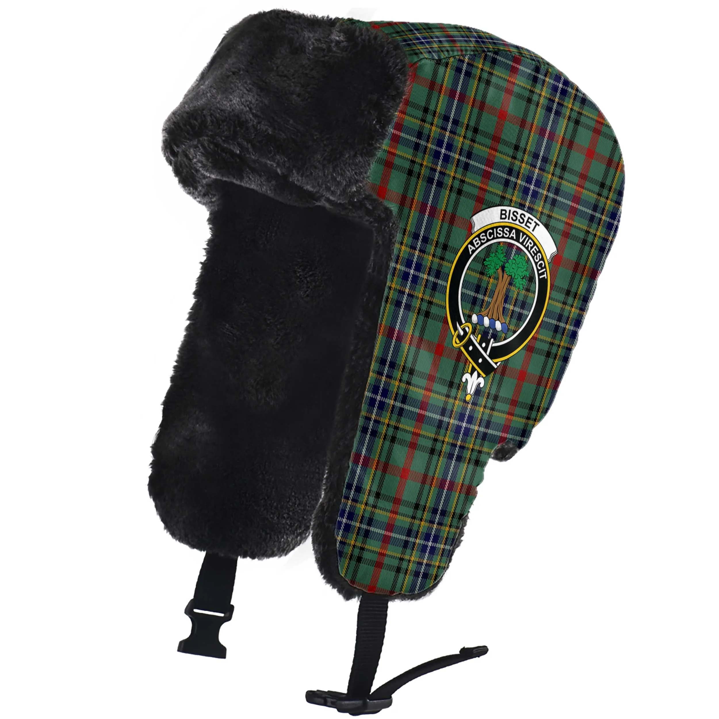 Bisset Tartan Winter Trapper Hat with Family Crest