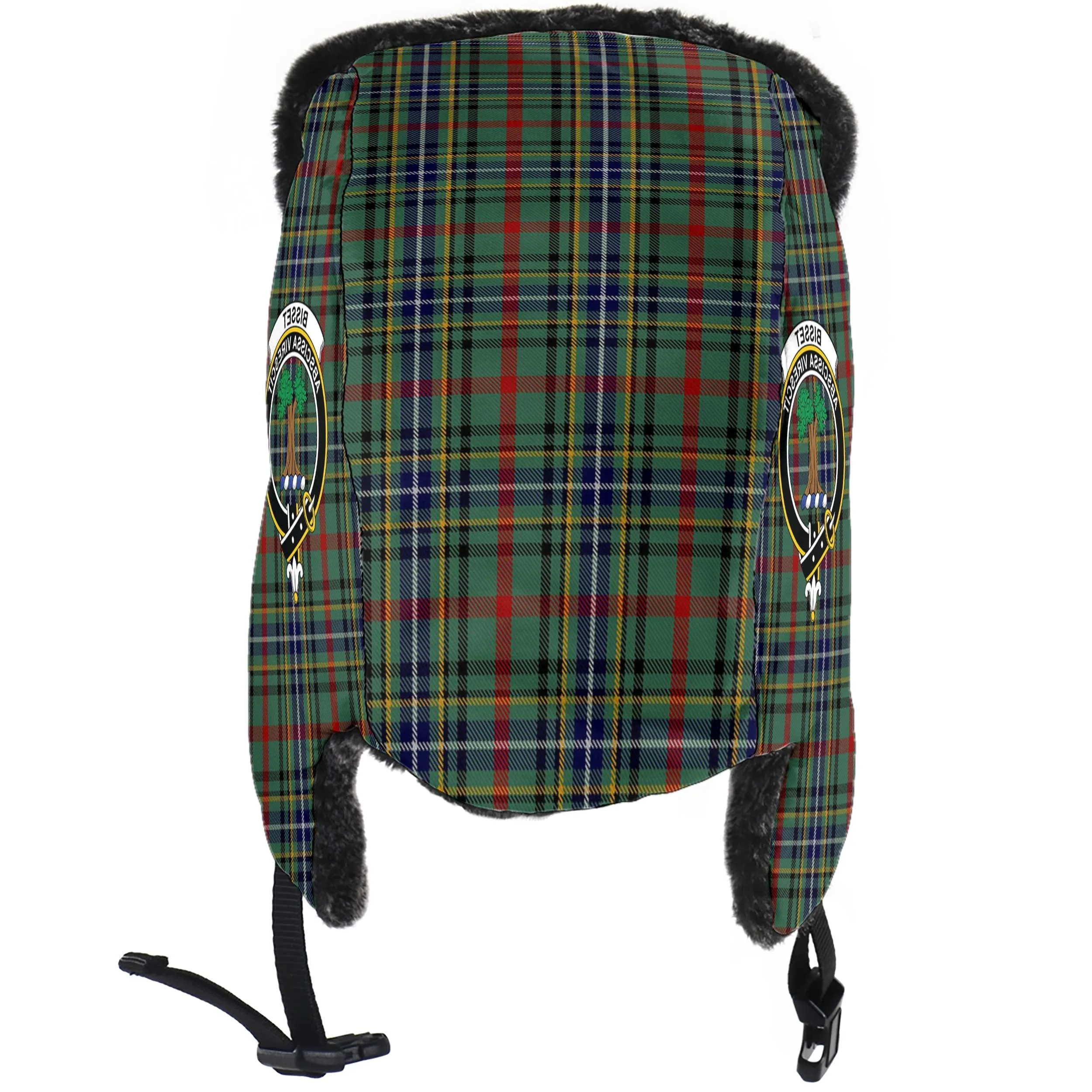 Bisset Tartan Winter Trapper Hat with Family Crest