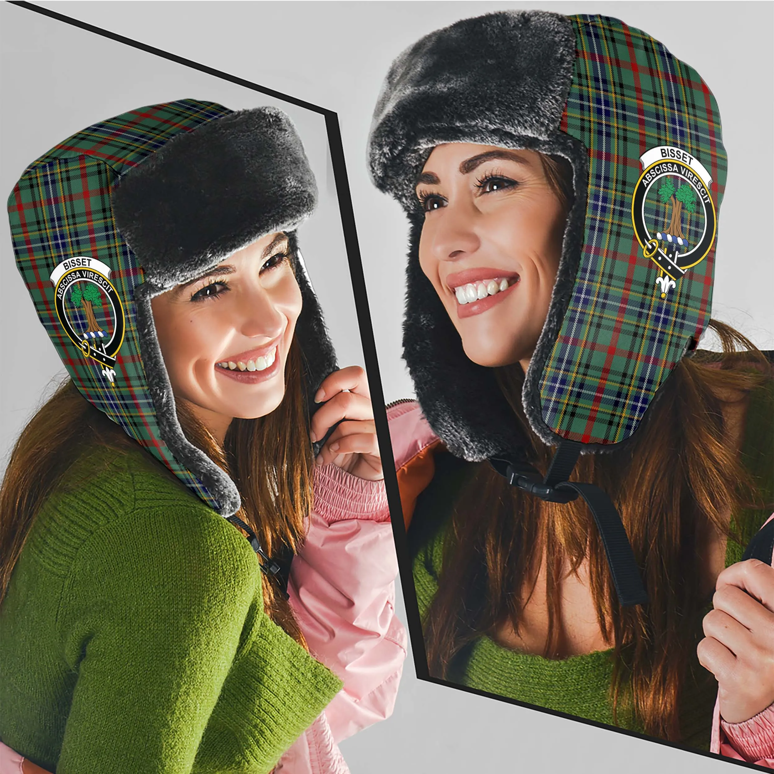 Bisset Tartan Winter Trapper Hat with Family Crest