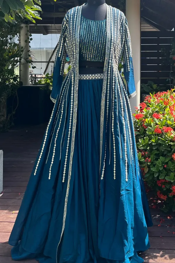 Blue beaded jacket and lehenga set