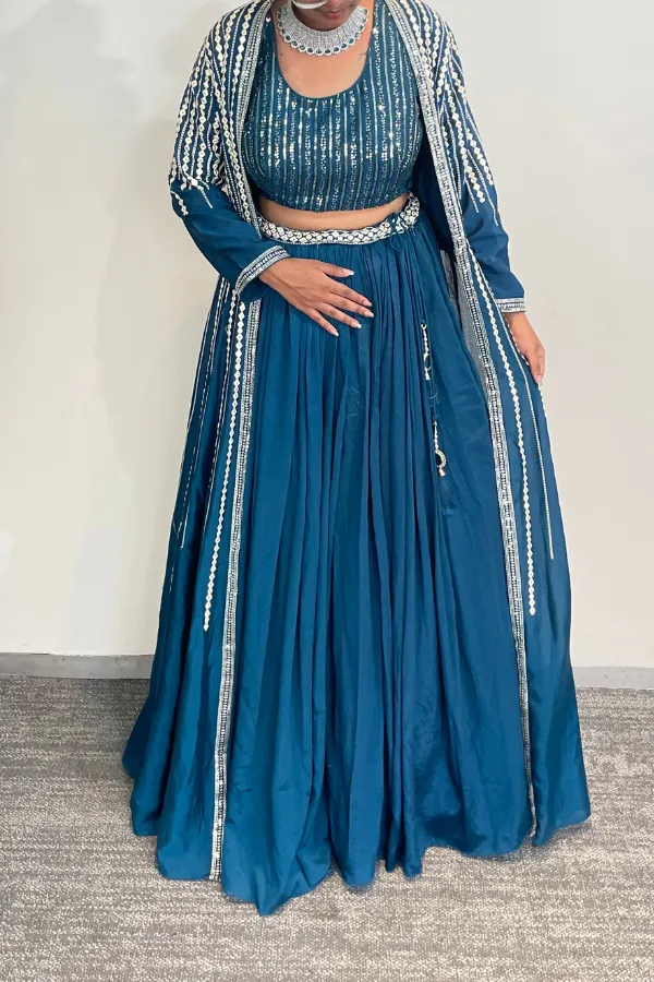 Blue beaded jacket and lehenga set