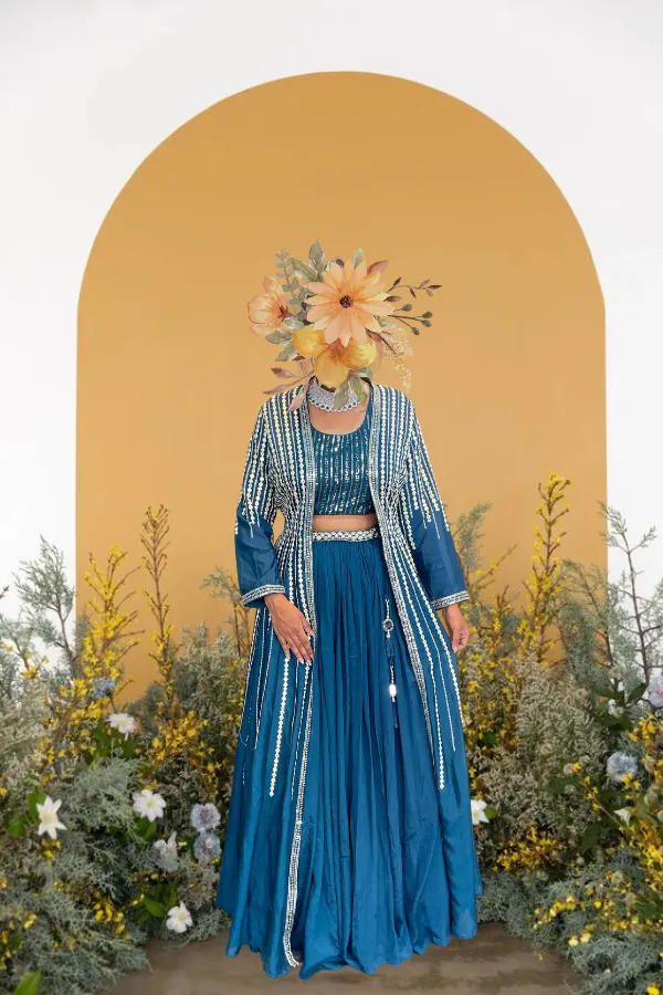 Blue beaded jacket and lehenga set