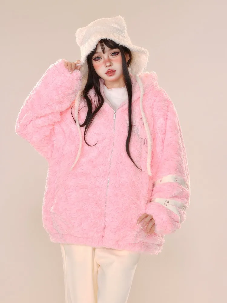 Brown Pink Bunny Ear Thick Zip Hooded Teddy Coat