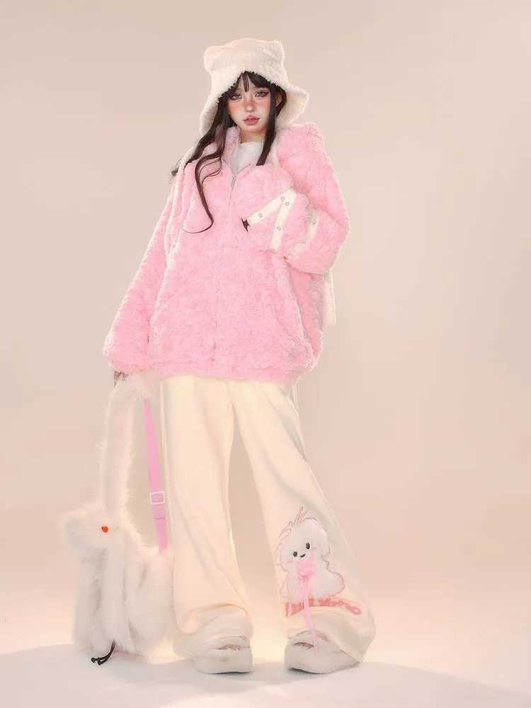 Brown Pink Bunny Ear Thick Zip Hooded Teddy Coat