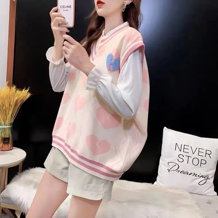 Chic streetwear college style retro vest sleeveless sweater heart deco pastel kawaii loose pullover