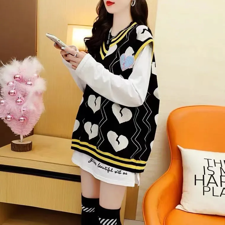 Chic streetwear college style retro vest sleeveless sweater heart deco pastel kawaii loose pullover