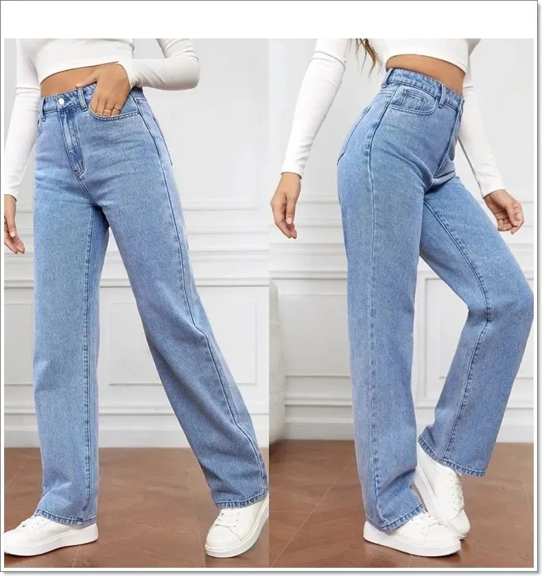 Classic Blue High-Waist Denim Jeans for Women - Wide Leg Fit