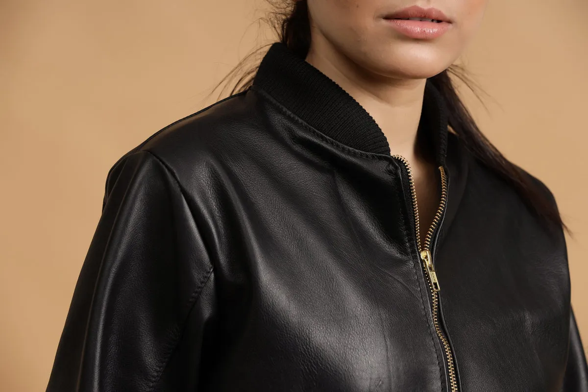 Classic Bomber Leather Jacket- Black