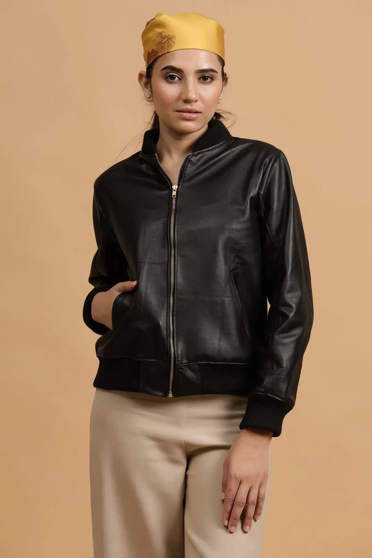 Classic Bomber Leather Jacket- Black
