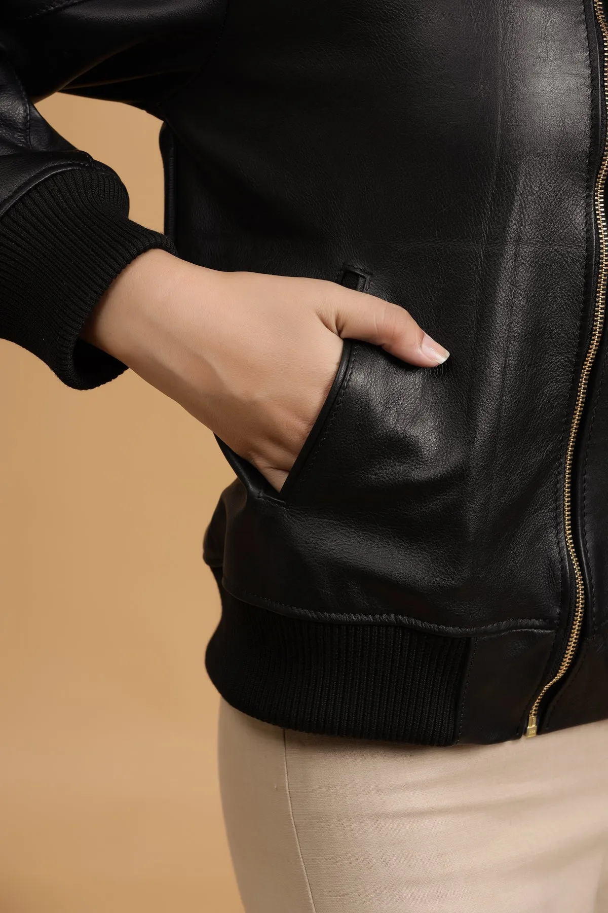 Classic Bomber Leather Jacket- Black