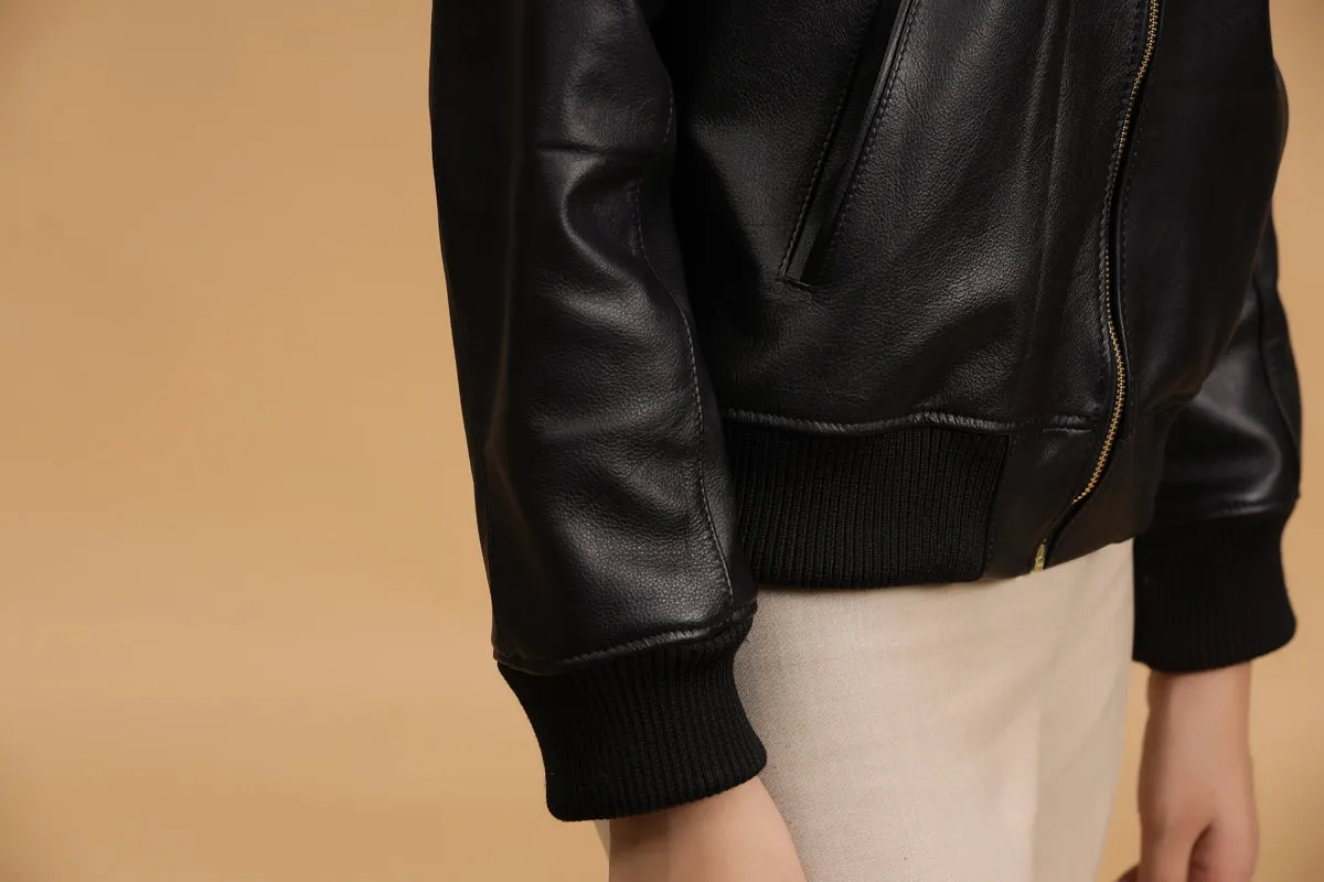 Classic Bomber Leather Jacket- Black