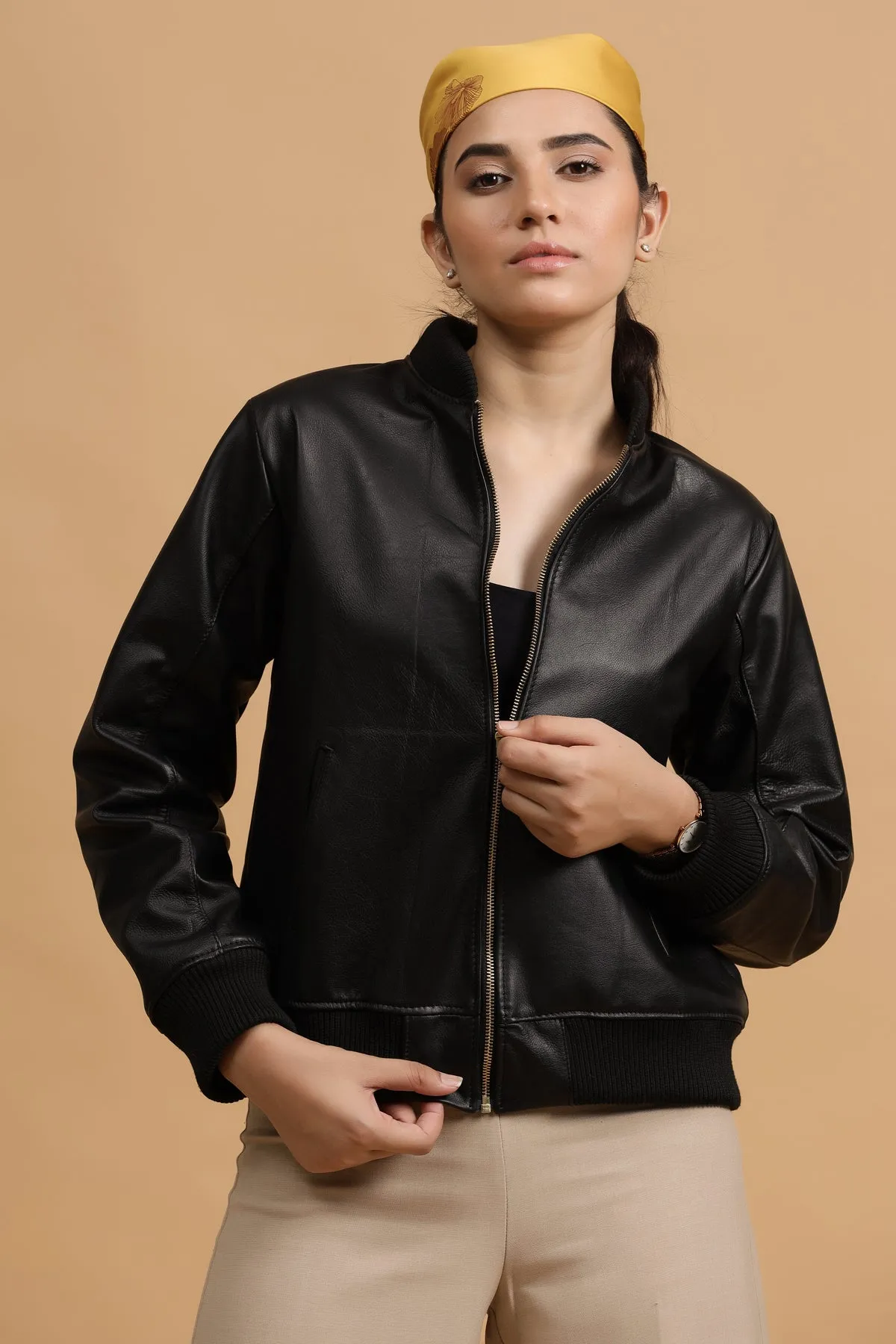 Classic Bomber Leather Jacket- Black