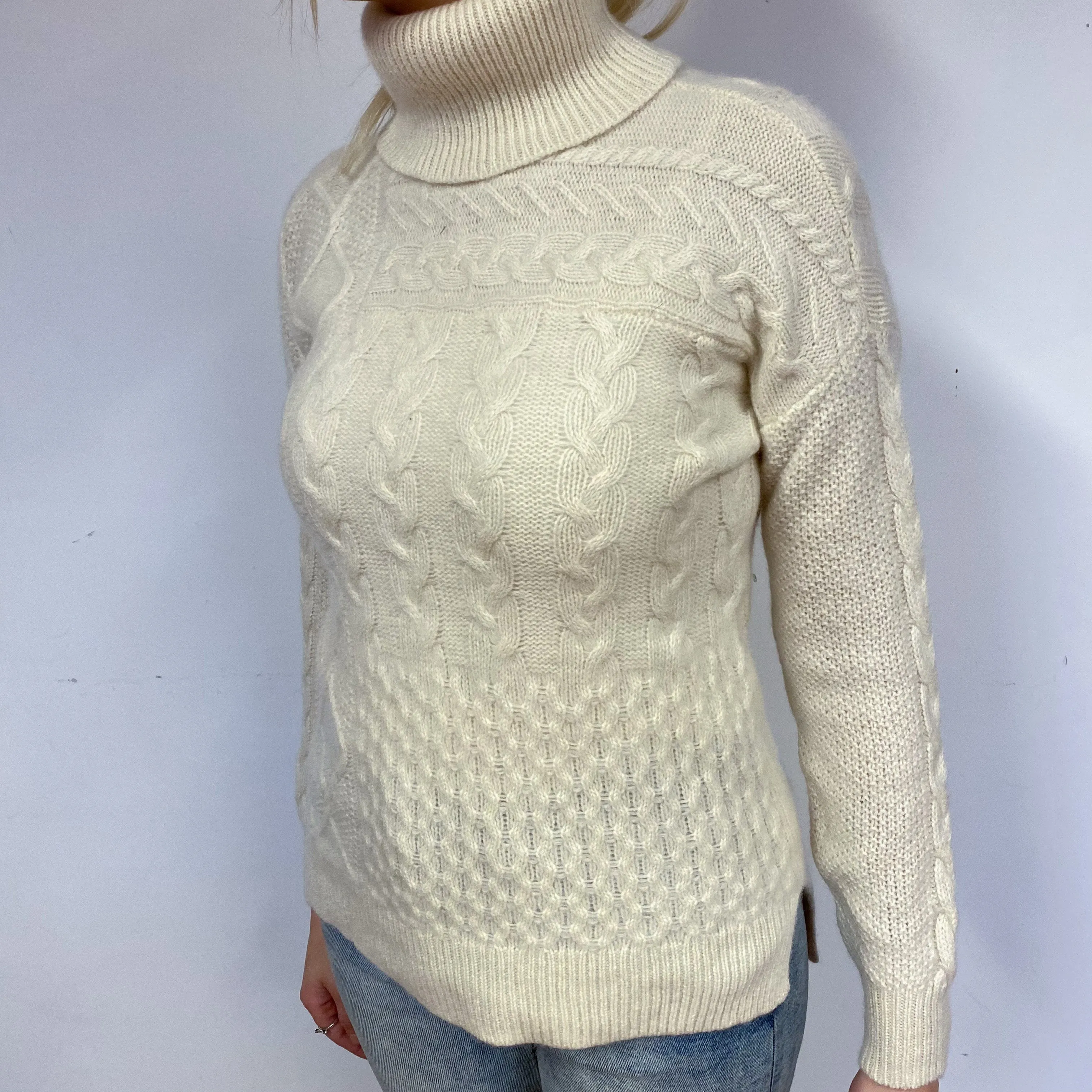 Cream Cable Cashmere Polo Neck Jumper Small