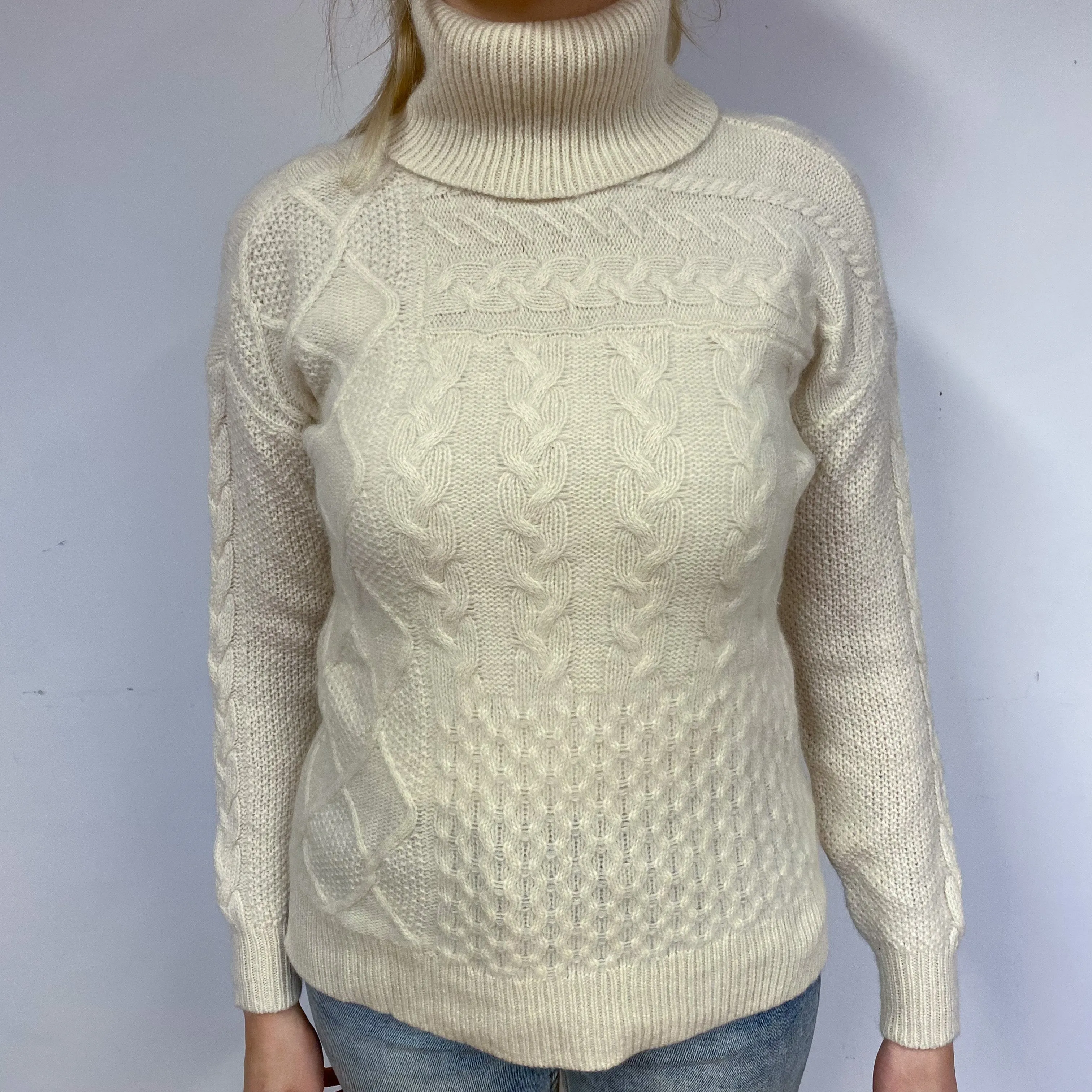 Cream Cable Cashmere Polo Neck Jumper Small