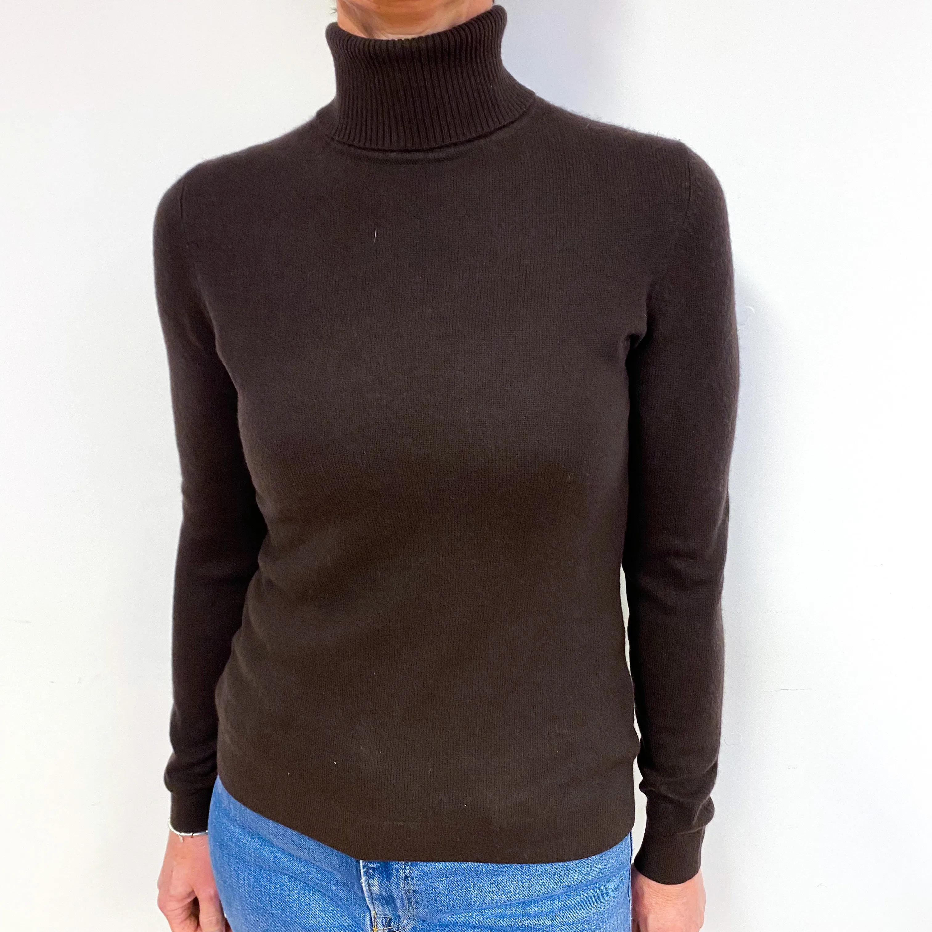 Deep Khaki Green Cashmere Polo Neck Jumper Medium