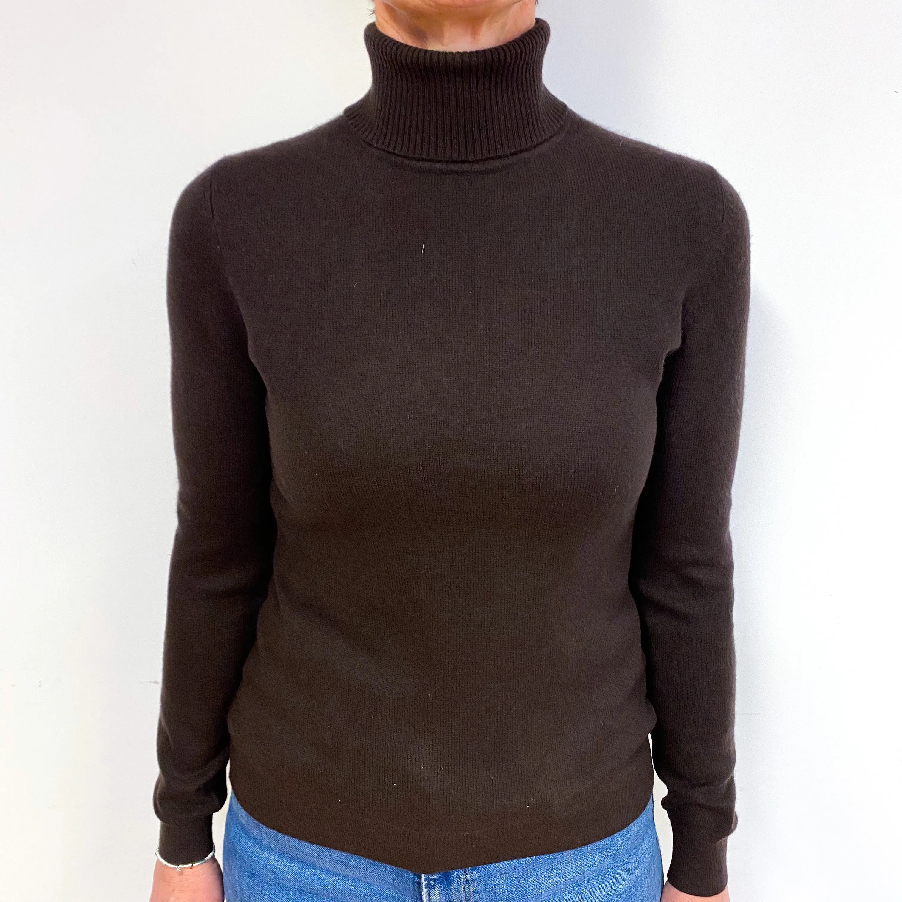 Deep Khaki Green Cashmere Polo Neck Jumper Medium