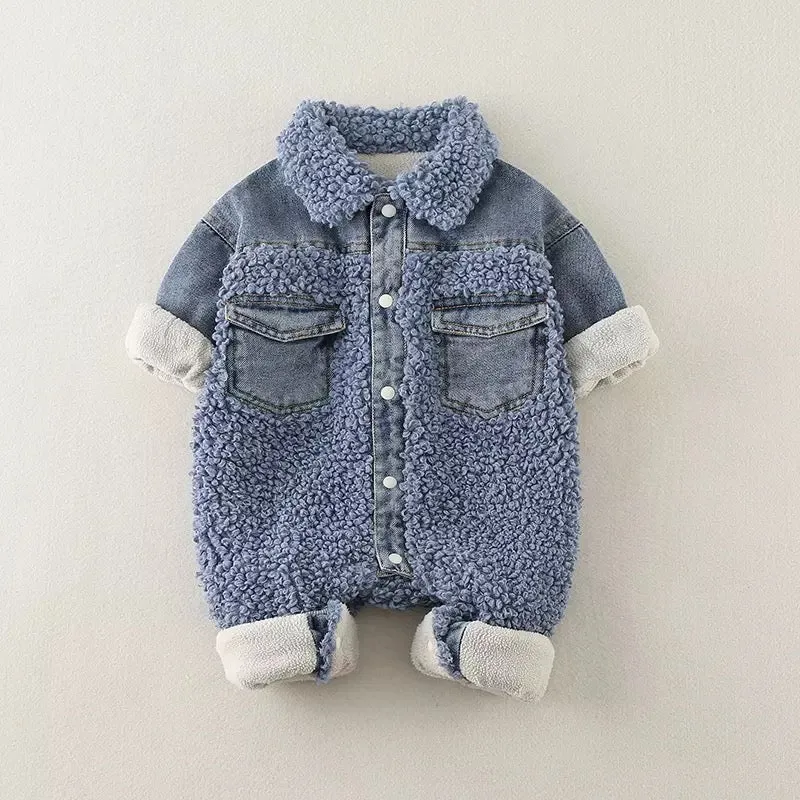 Denim/sherpa jumpsuit