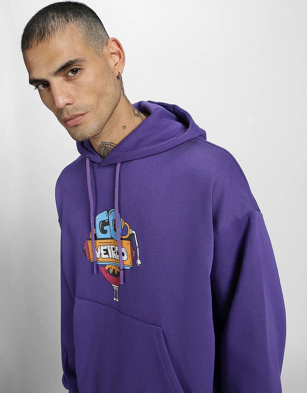 Doodle Purple Oversized Chest Graphic Printed Hoodie