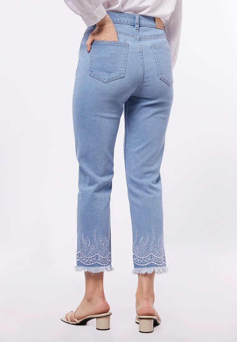 Embroidered High Waist Denim Pants