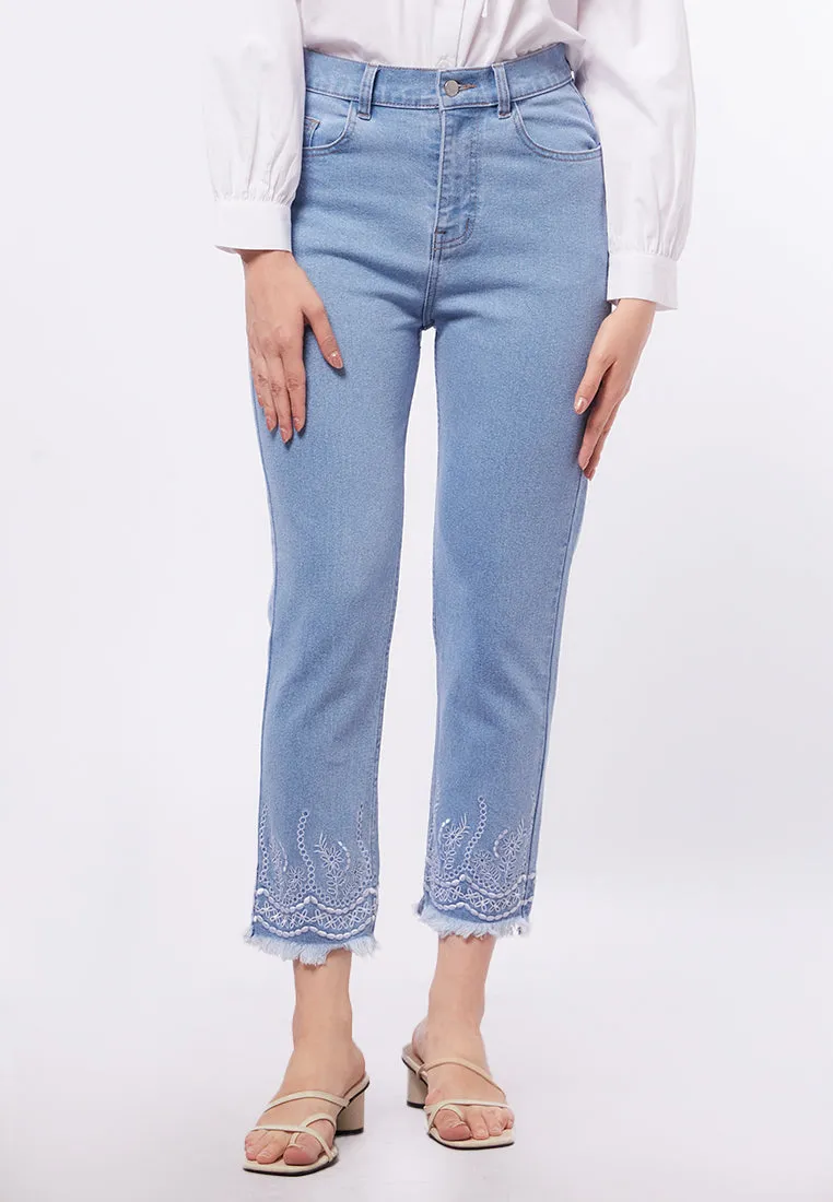 Embroidered High Waist Denim Pants