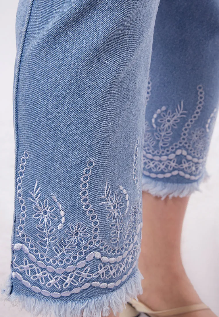 Embroidered High Waist Denim Pants