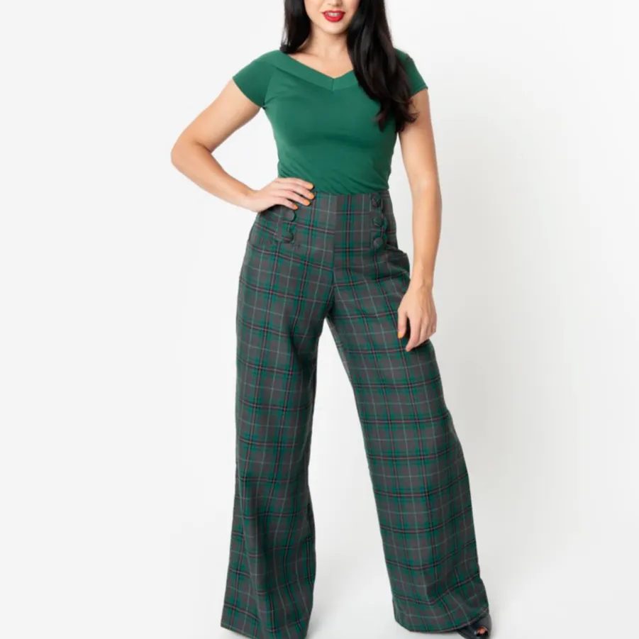 Emerald Green and Gray Plaid Rogers High Waist Pants