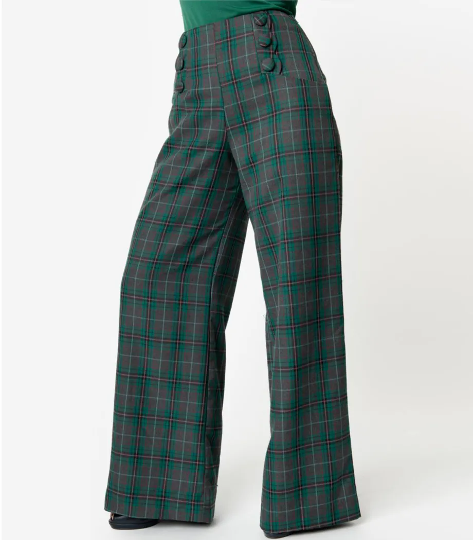 Emerald Green and Gray Plaid Rogers High Waist Pants