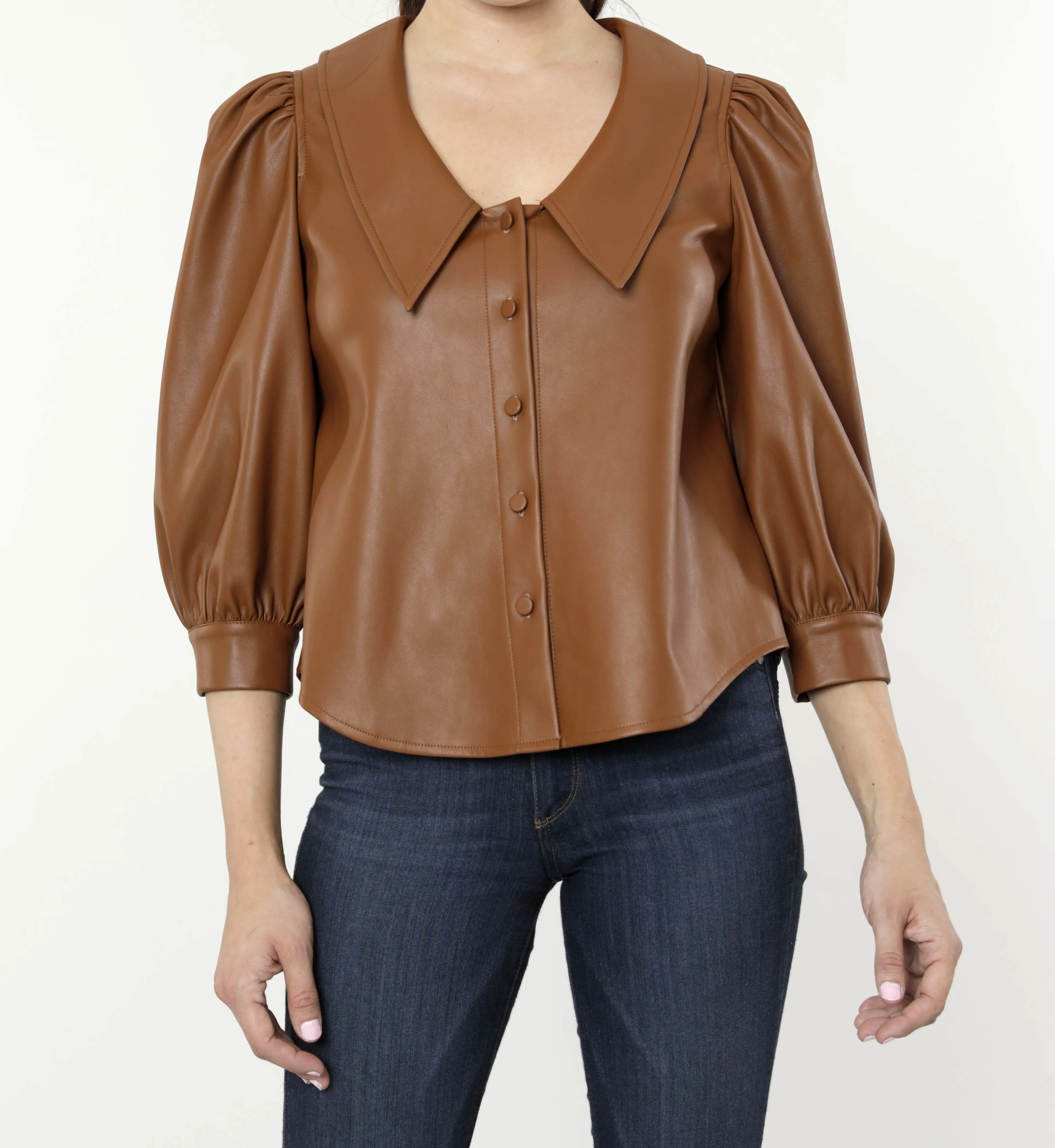 Faux Leather Blouse with Puff Sleeves