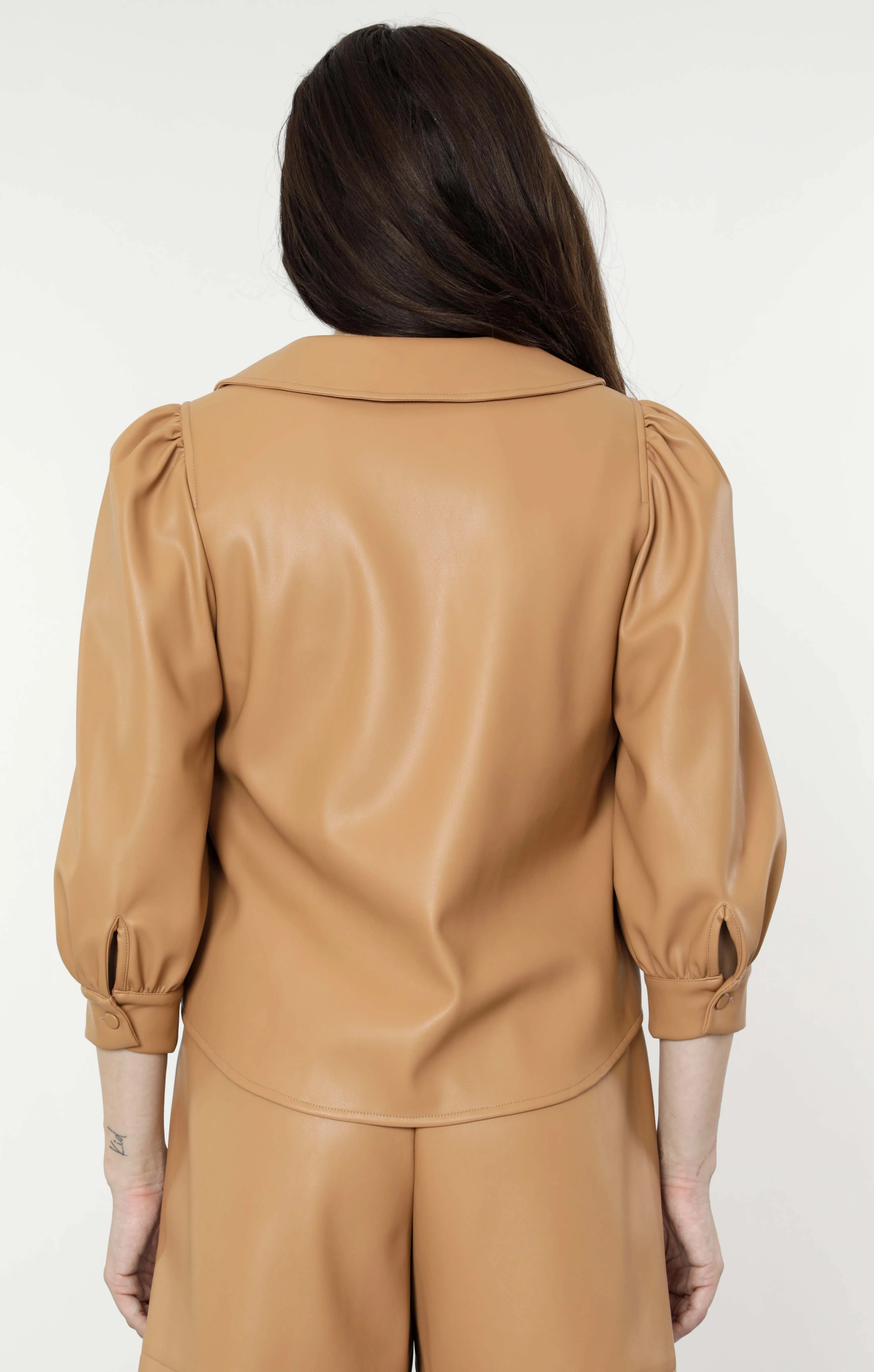 Faux Leather Blouse with Puff Sleeves
