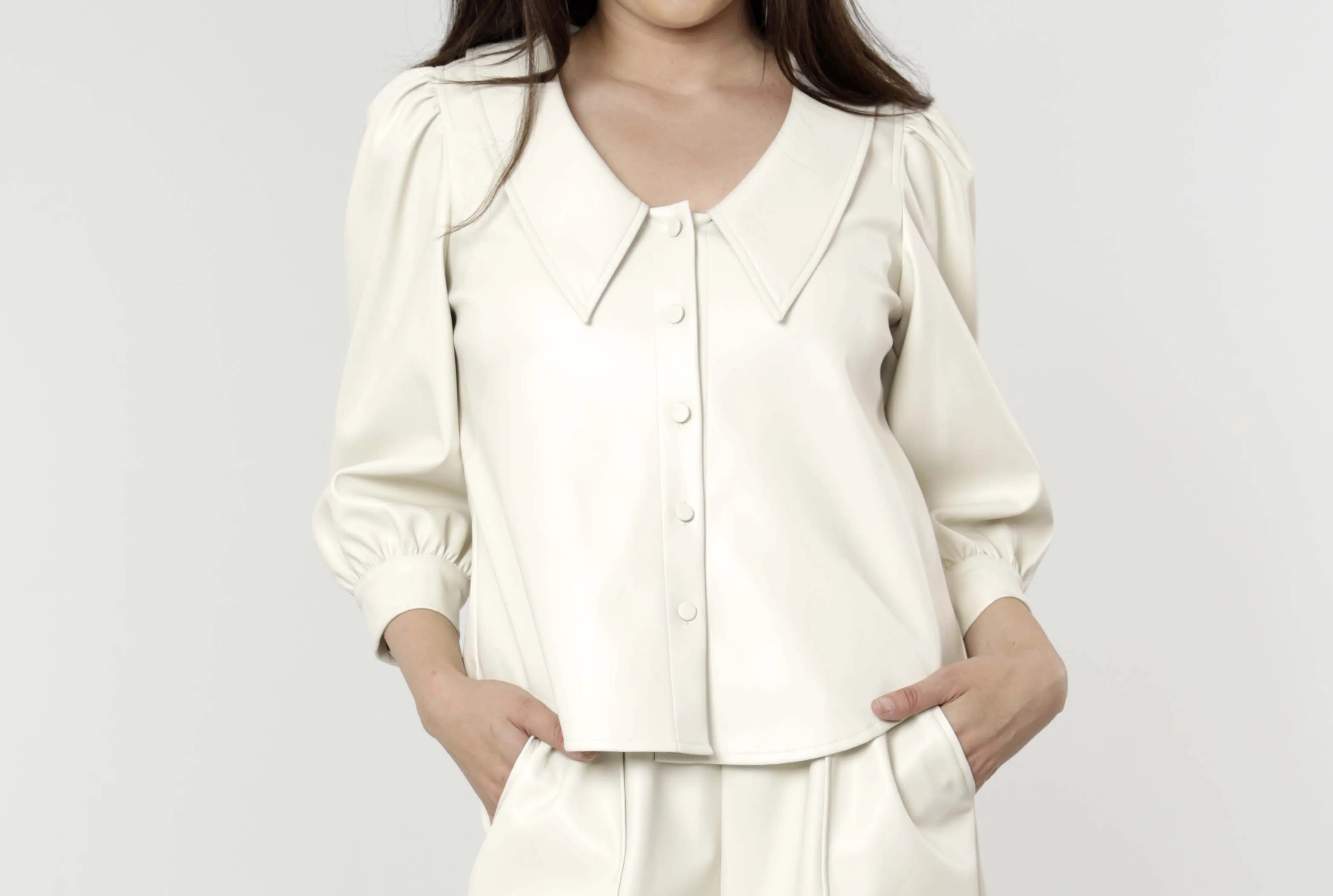 Faux Leather Blouse with Puff Sleeves