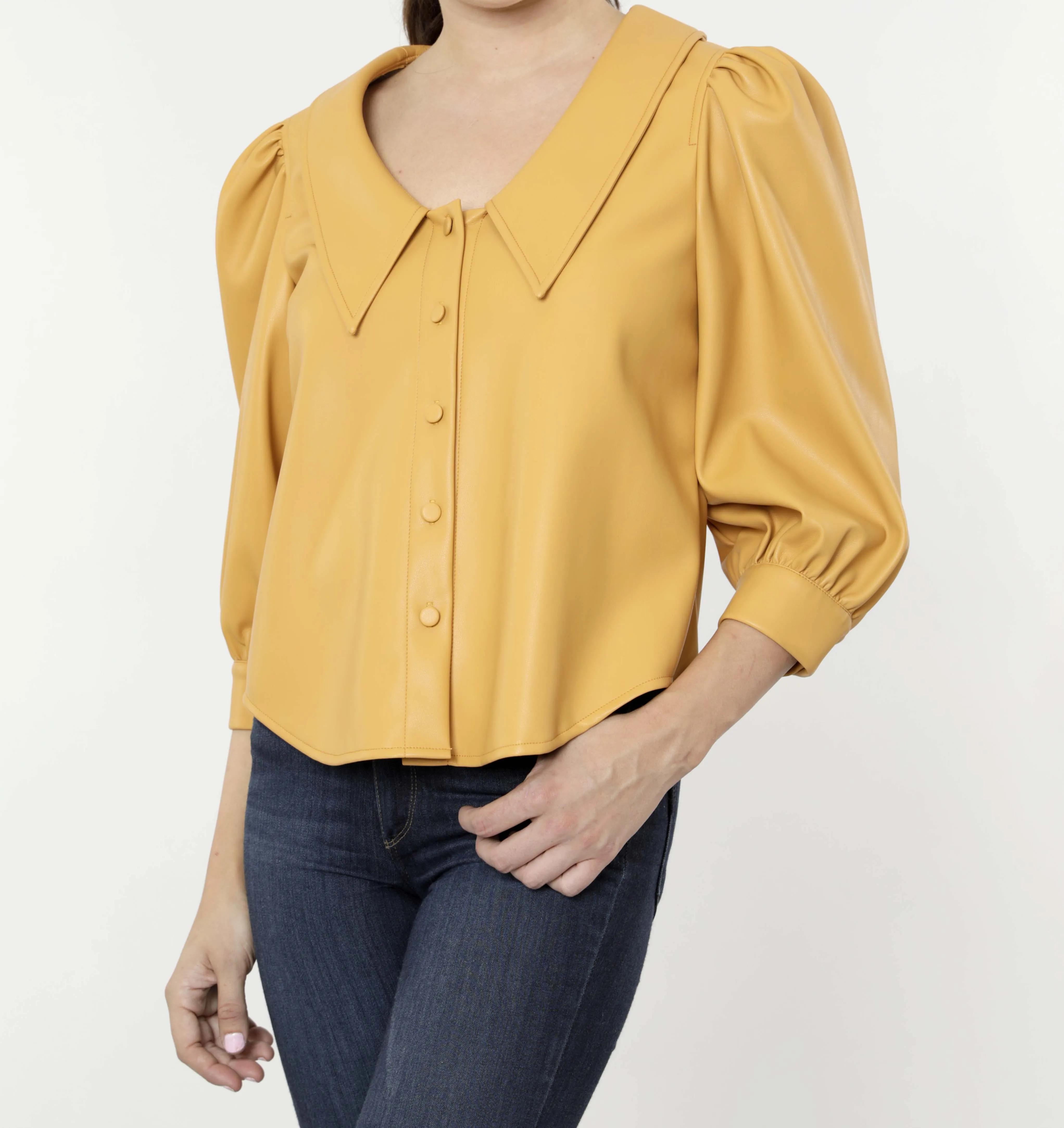 Faux Leather Blouse with Puff Sleeves