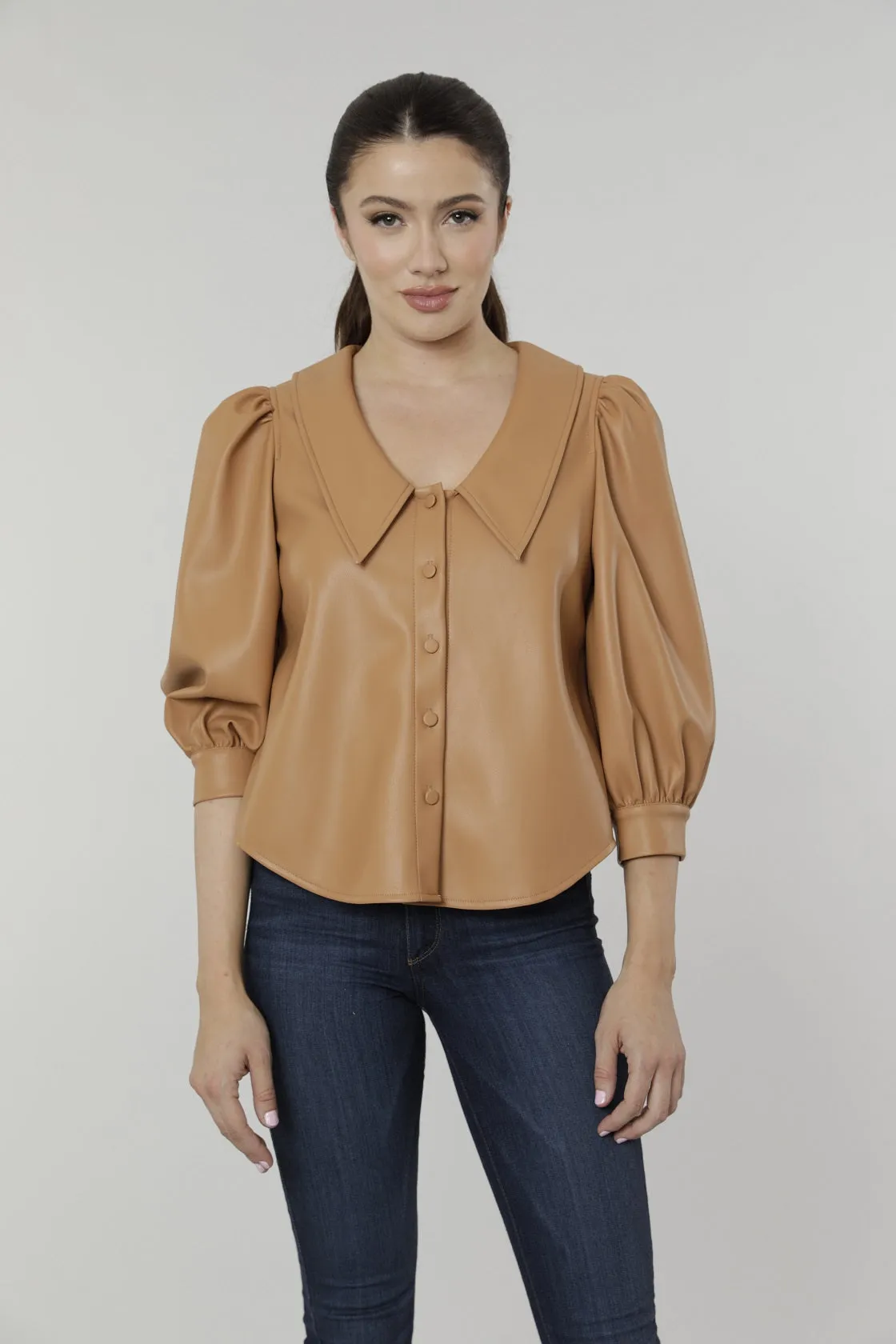Faux Leather Blouse with Puff Sleeves