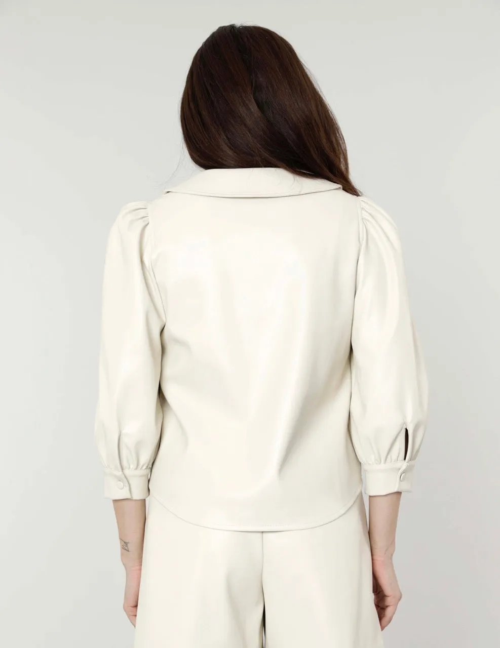 Faux Leather Blouse with Puff Sleeves