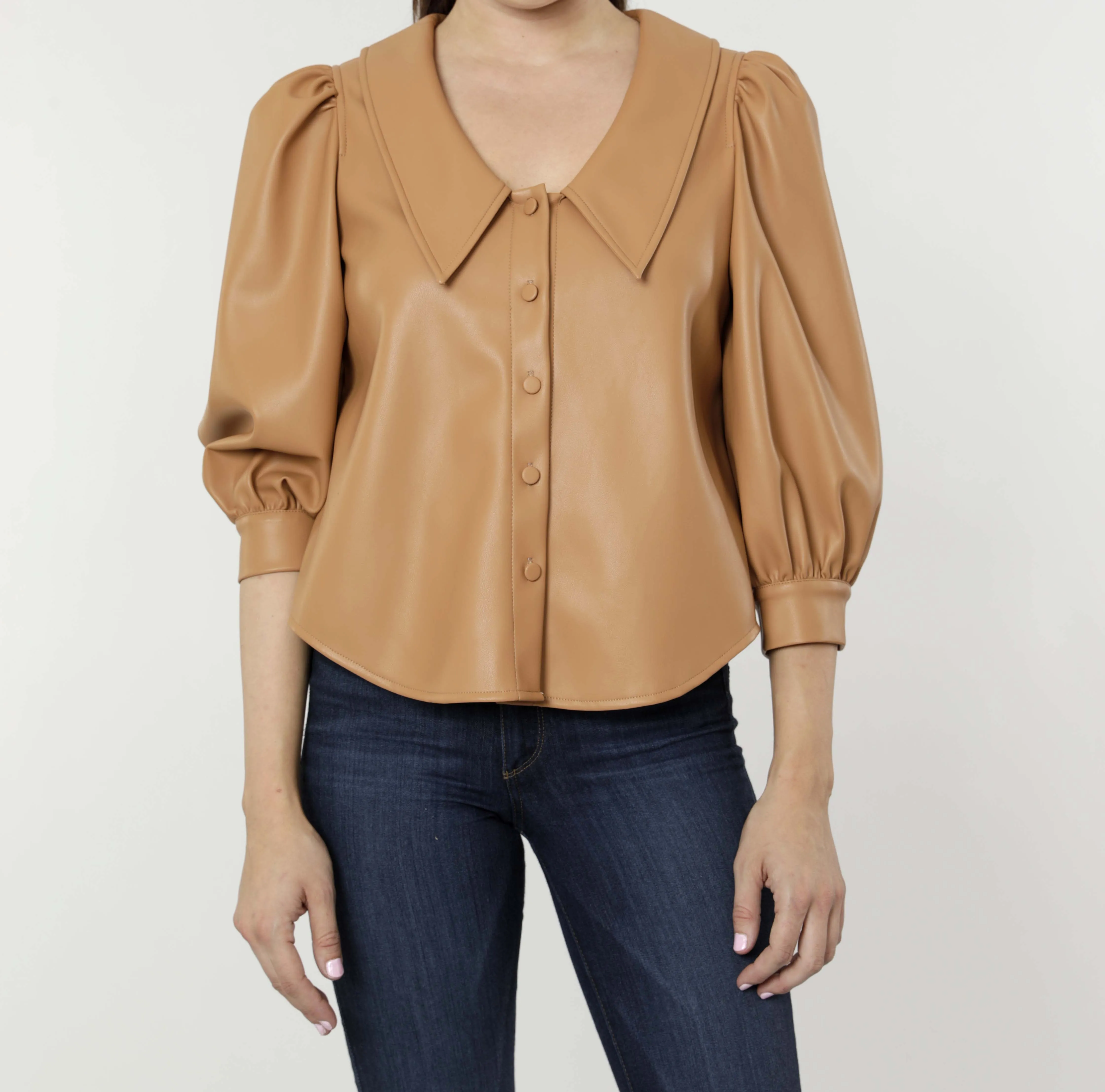 Faux Leather Blouse with Puff Sleeves
