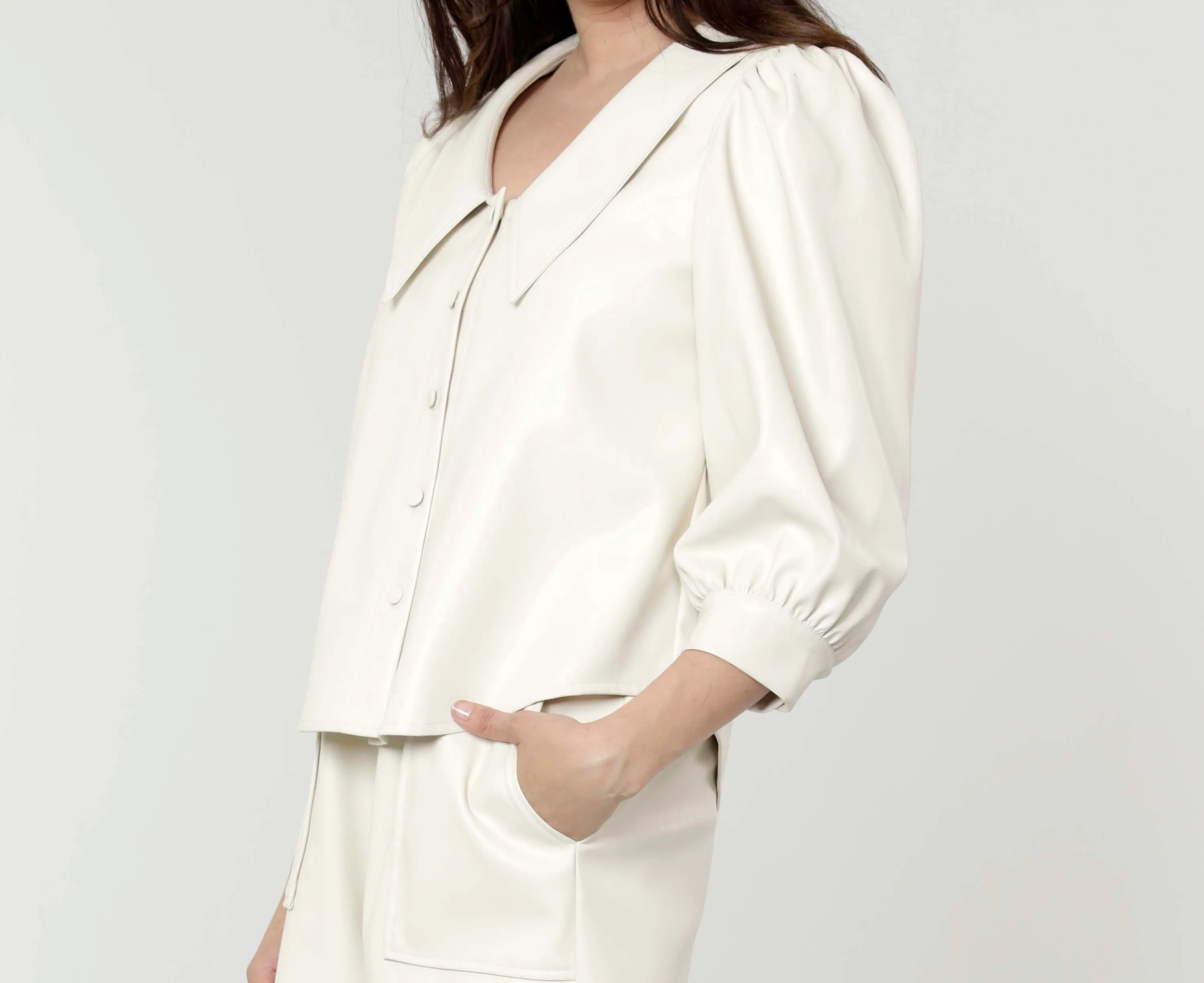 Faux Leather Blouse with Puff Sleeves