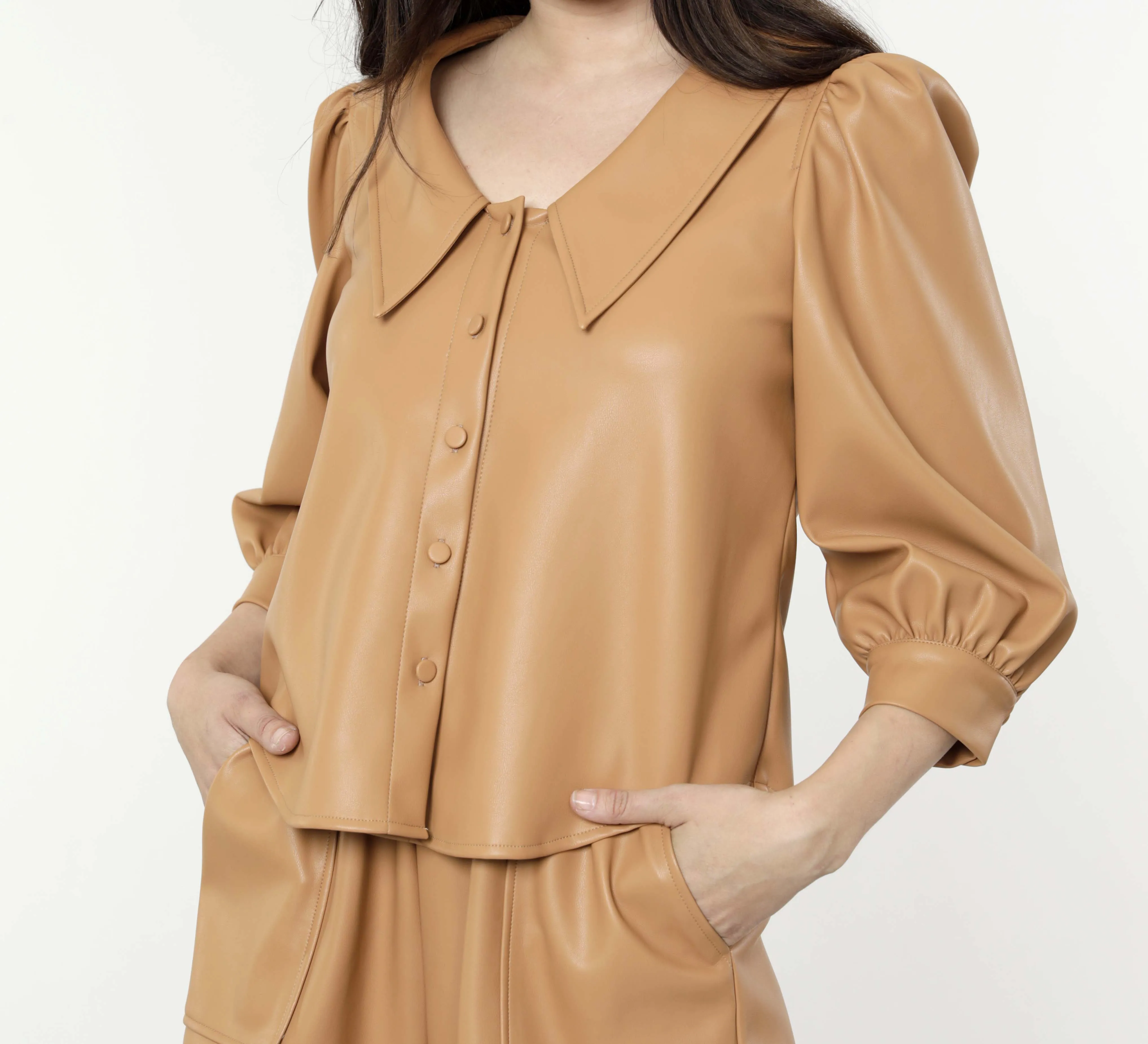 Faux Leather Blouse with Puff Sleeves