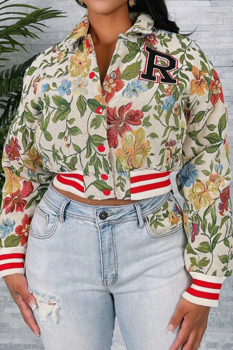 Flower Jacquard Bomber Crop Jacket