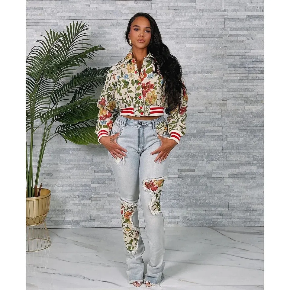 Flower Jacquard Bomber Crop Jacket