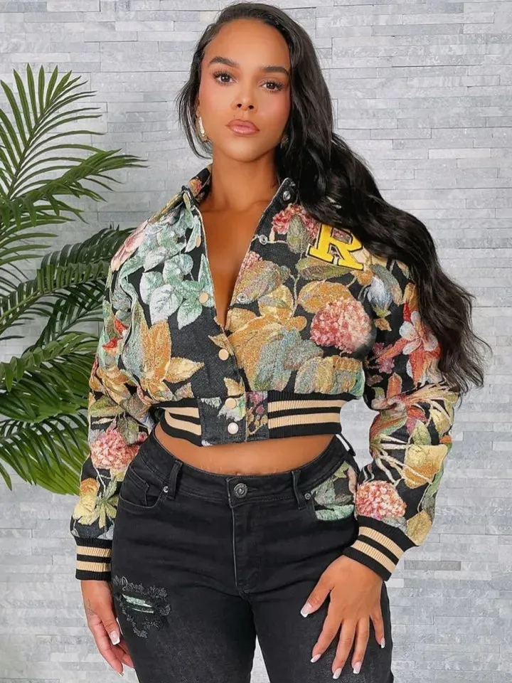 Flower Jacquard Bomber Crop Jacket
