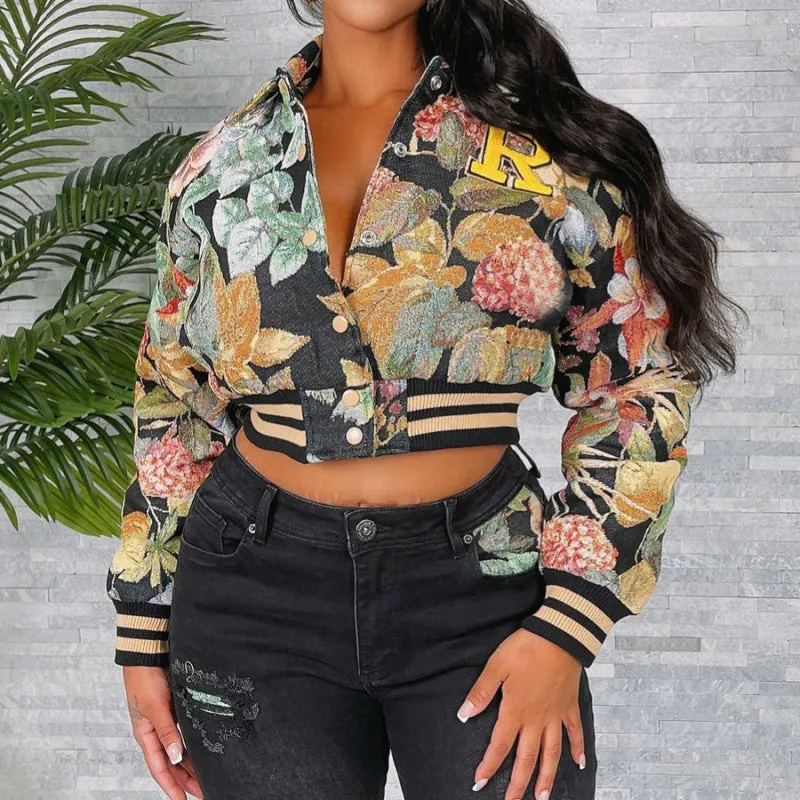 Flower Jacquard Bomber Crop Jacket