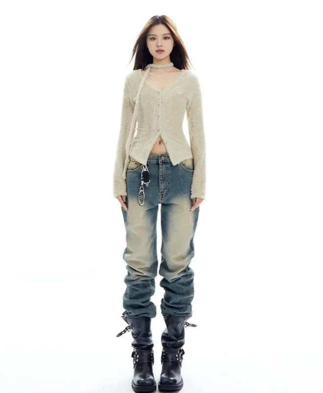 Fuzzy Scarf-Neck Skinny Cardigan