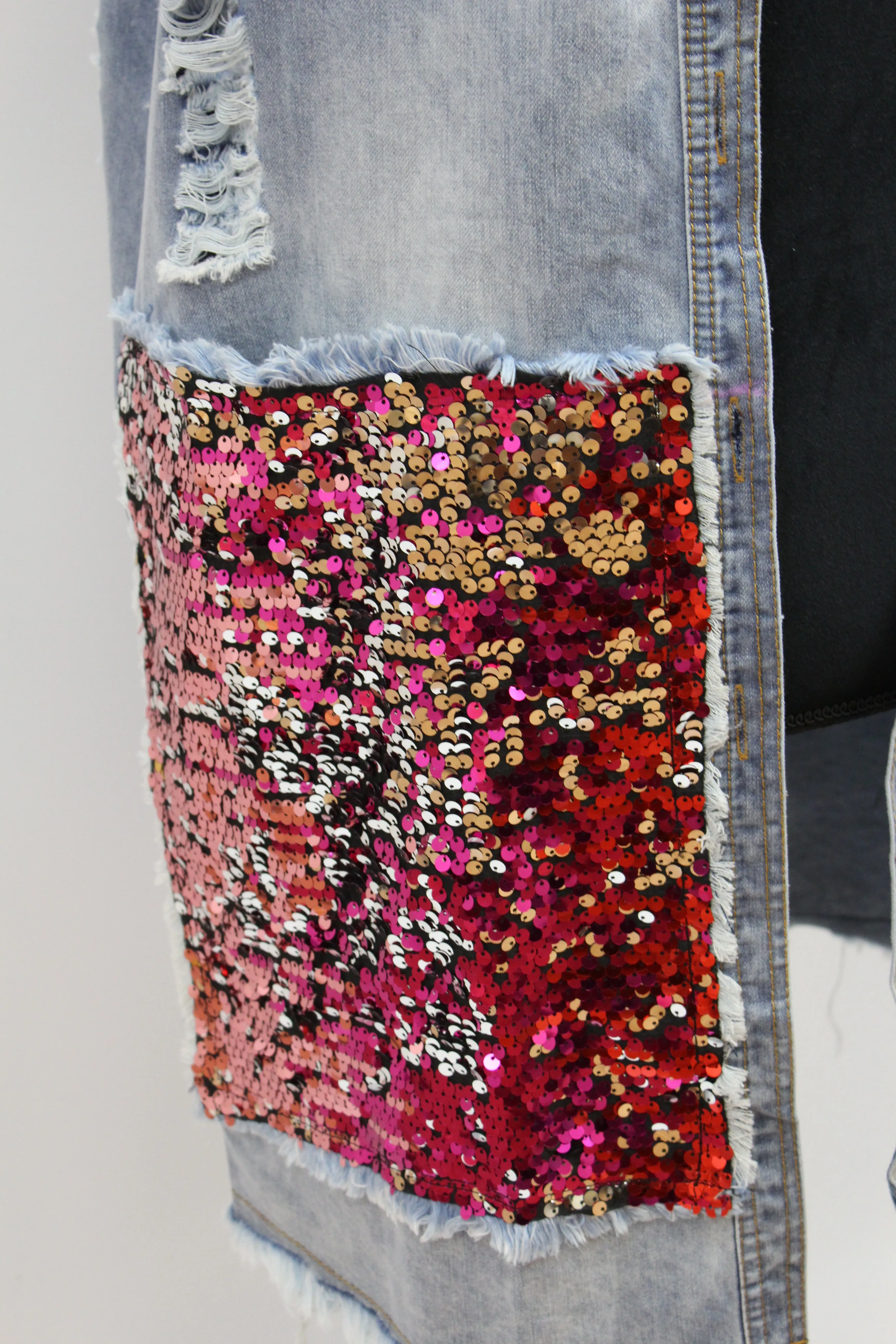 Get In Sequin Oversize Distressed Vest In Green/Blue