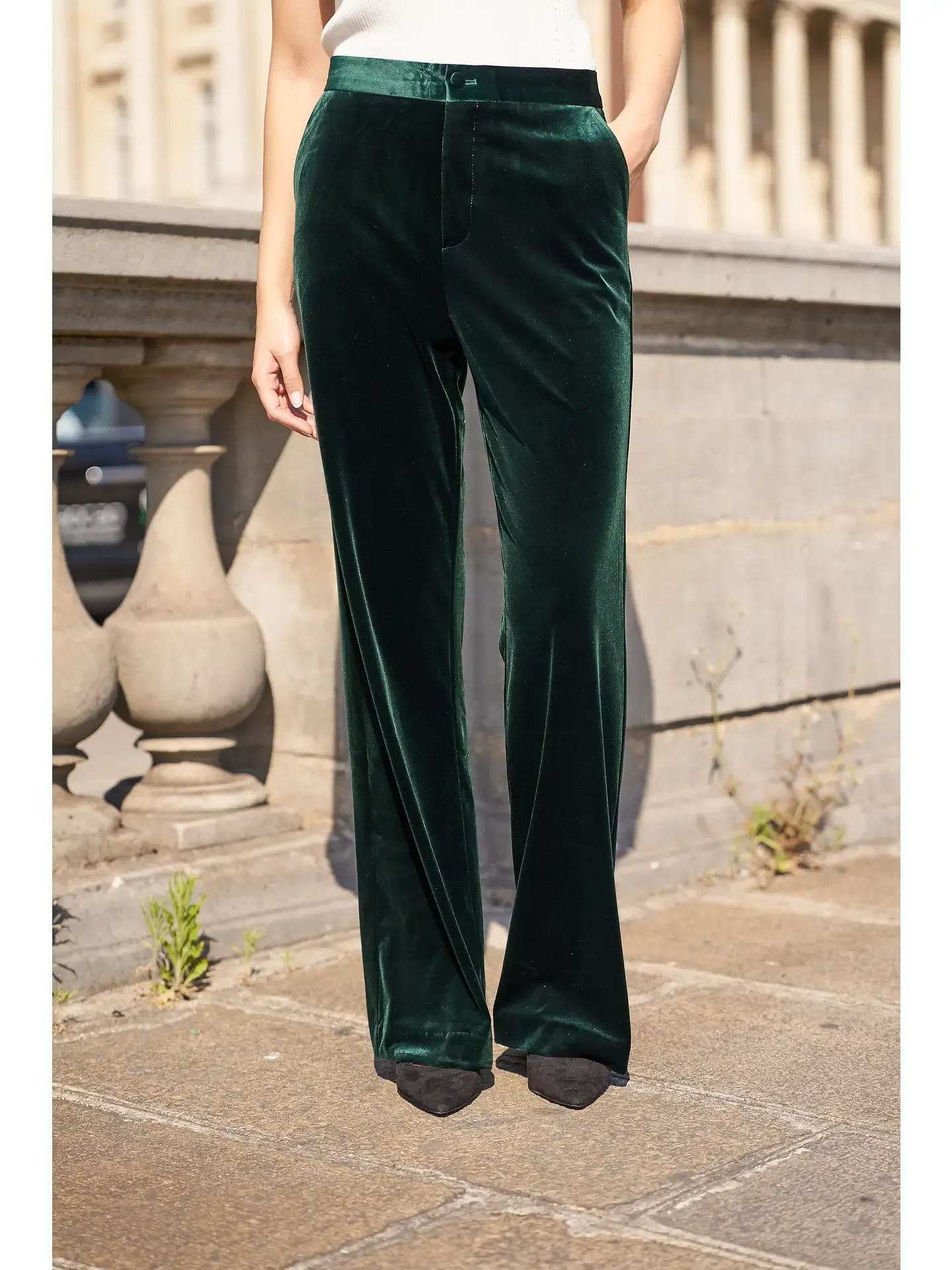 Green Straight Cut High Waist Velvet Pants