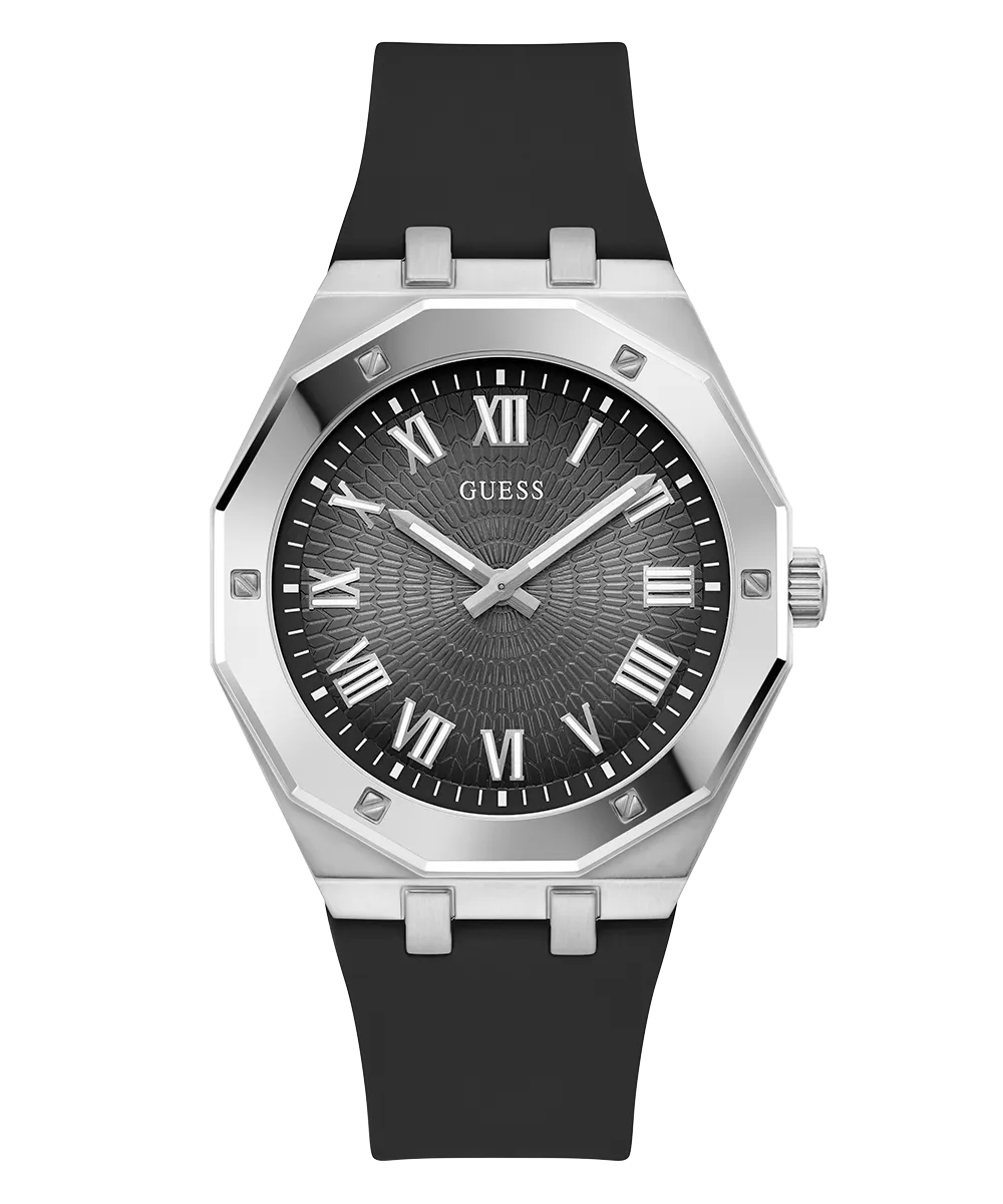 GUESS Mens Black Silver Tone Analog Watch