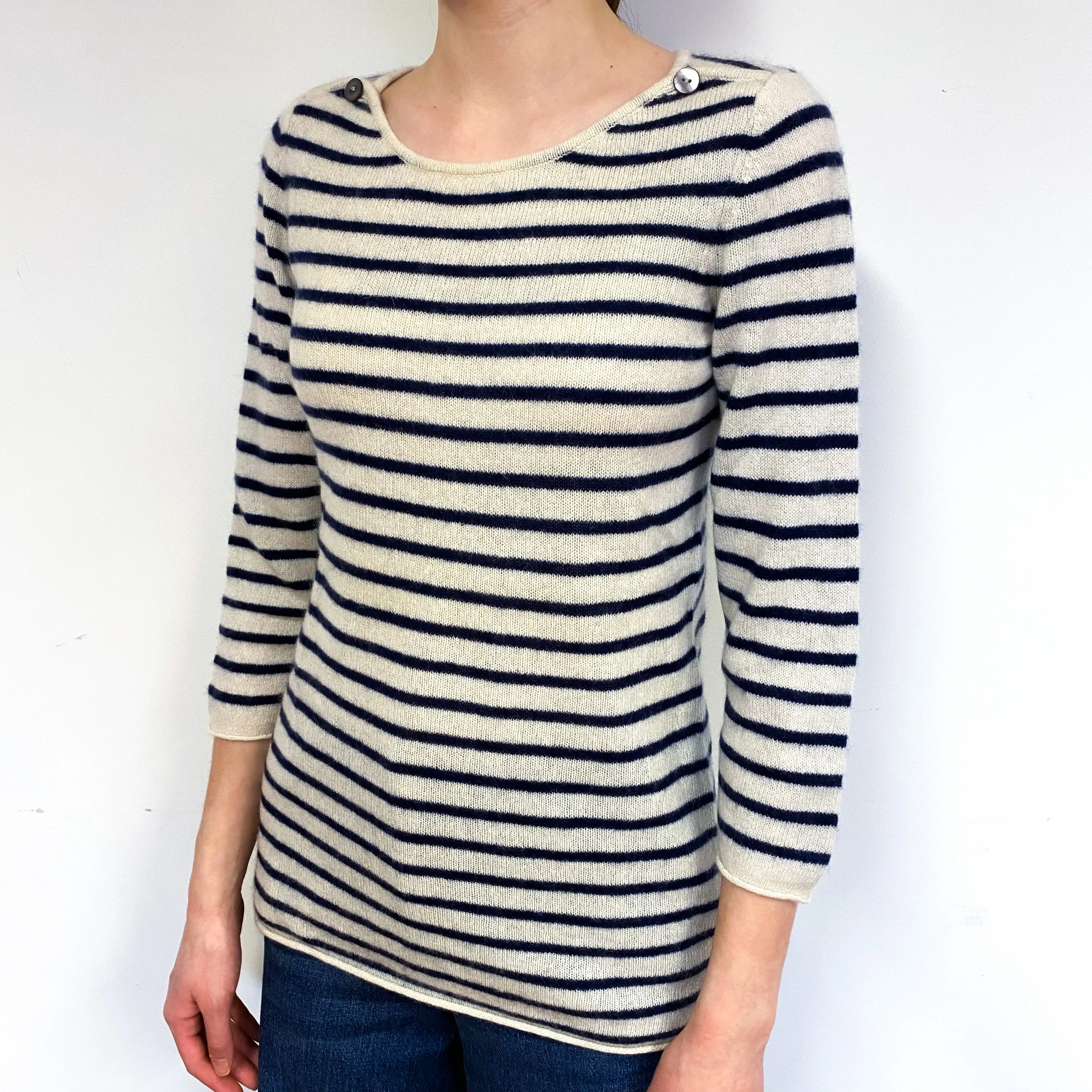 Ivory and Navy Stripe Cashmere Crew Neck Jumper Extra Small