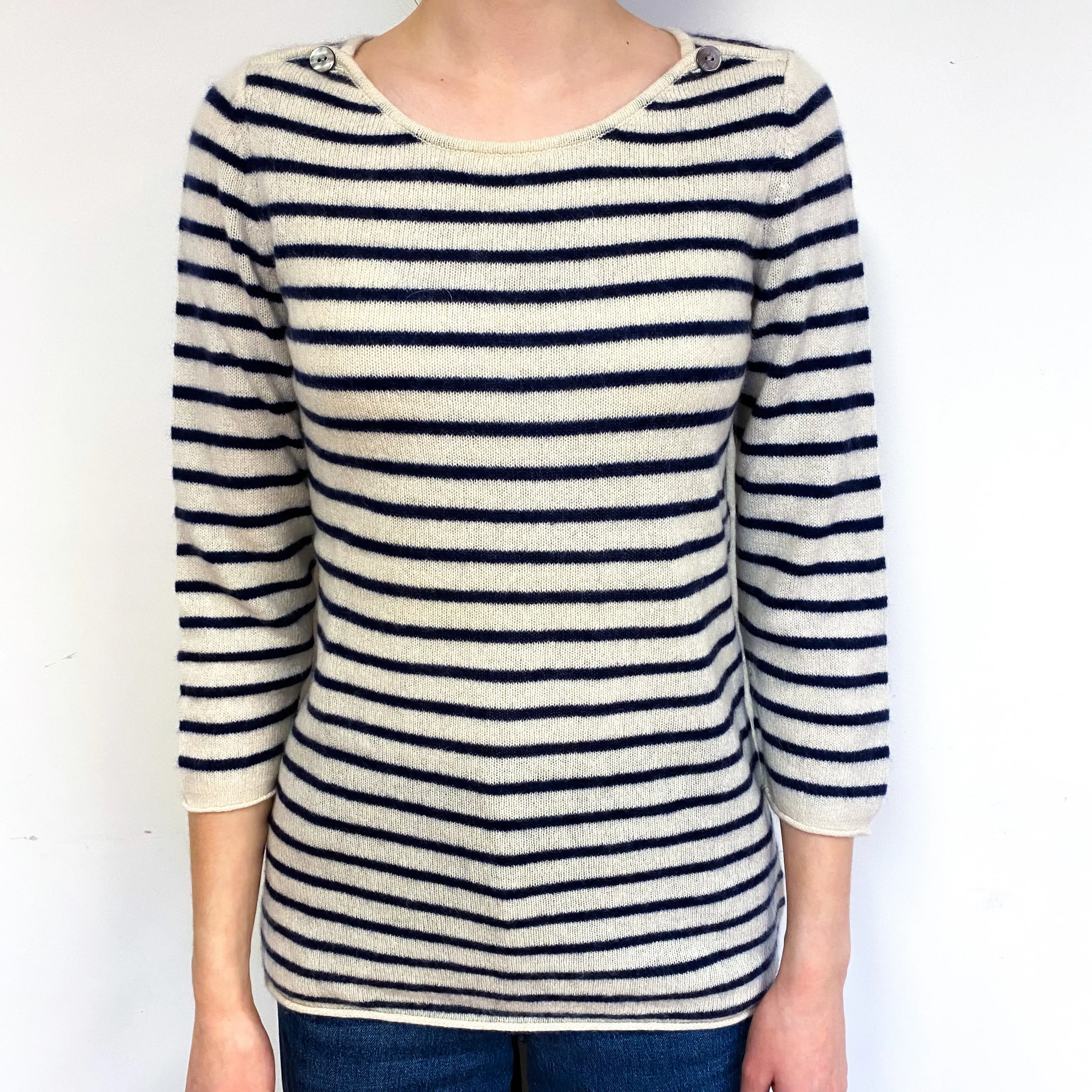Ivory and Navy Stripe Cashmere Crew Neck Jumper Extra Small
