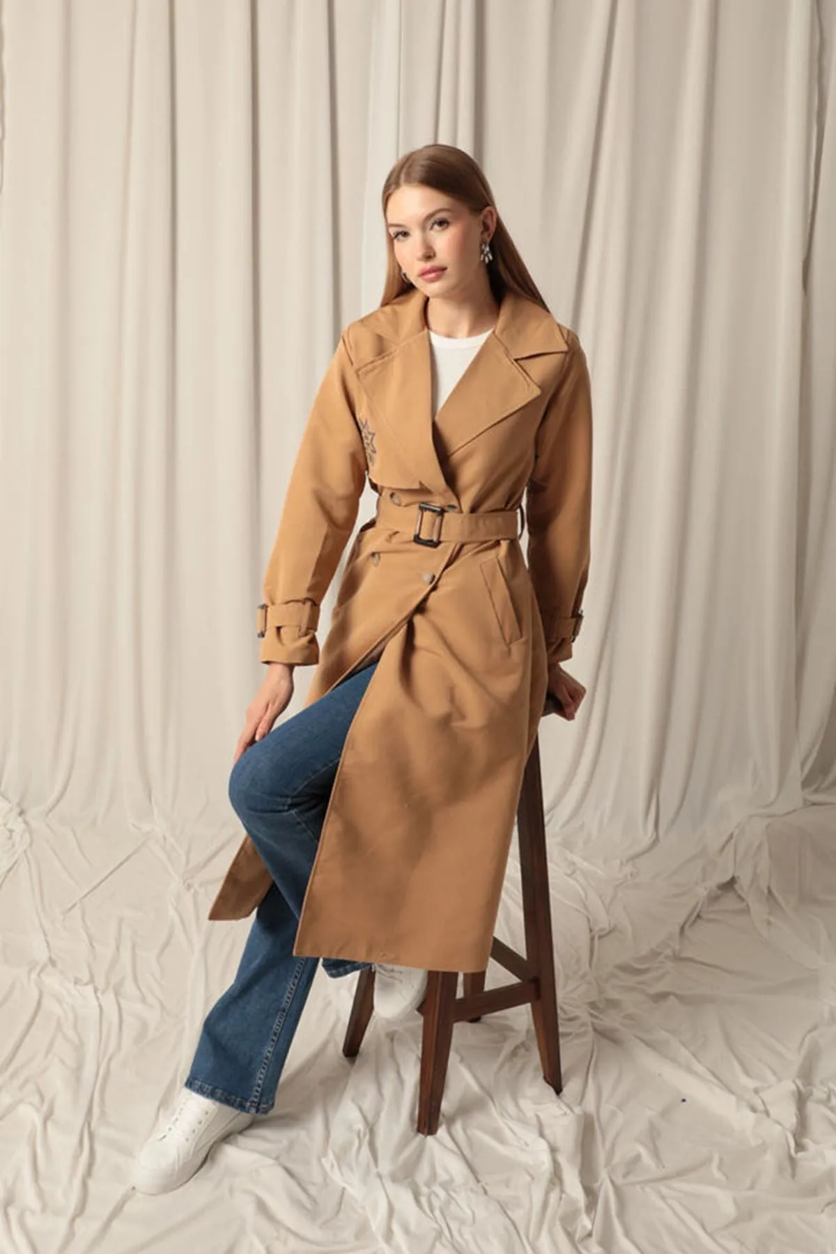 KKT Torino Fabric Embroidered Women's Tan Trench Coat - Las Palmas